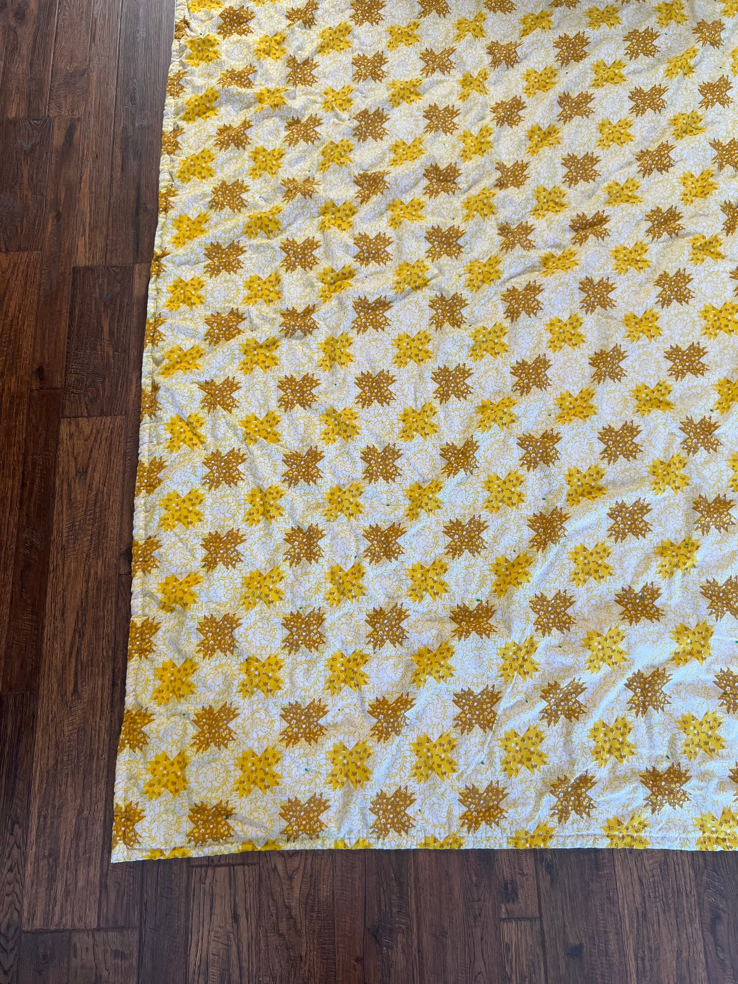 Vintage Linens - Handmade Quilt - Buttercream Yellow - Groovy Floral Patchwork - Double Sided - 81” X 67.5”