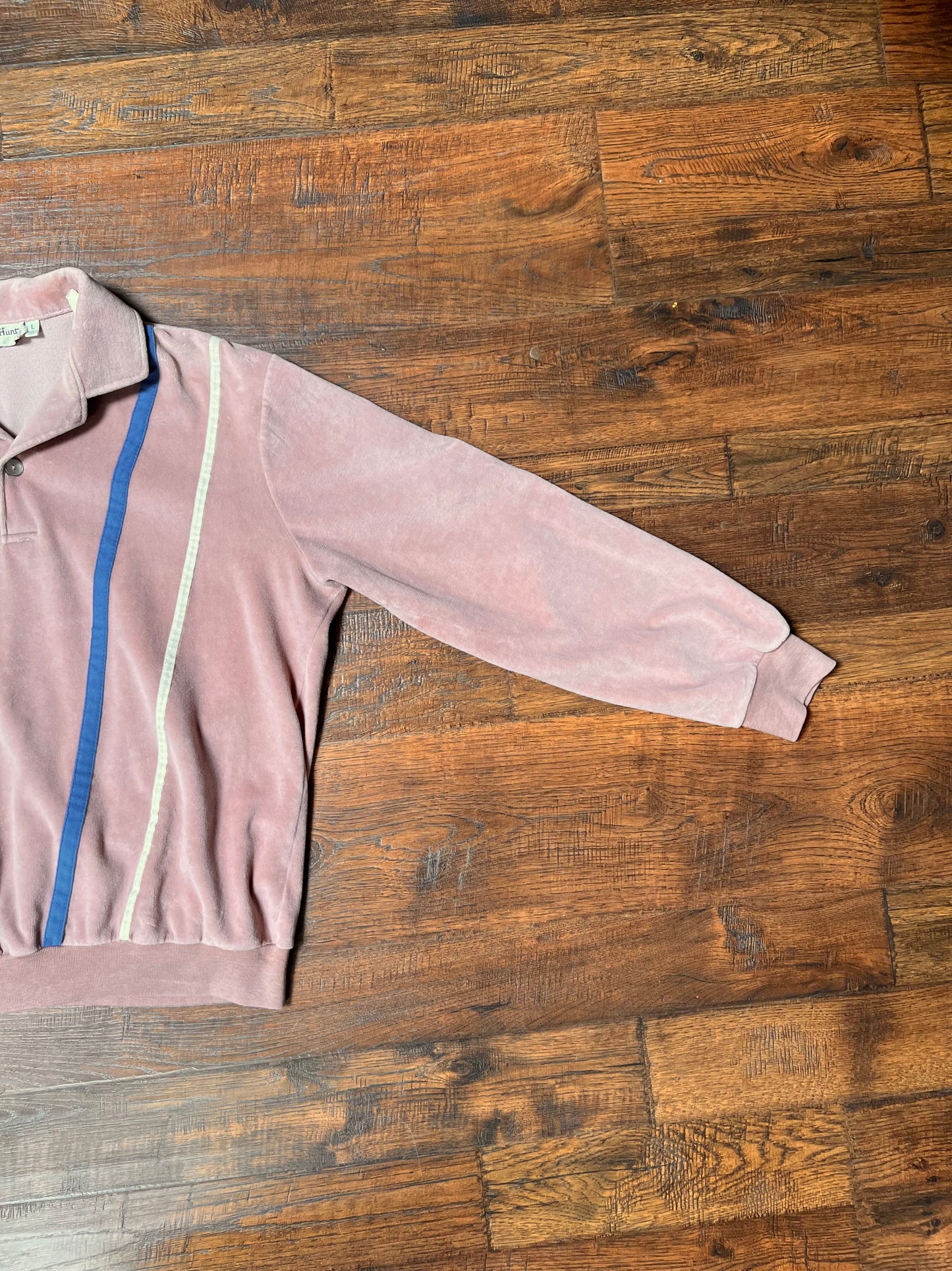 Vintage Clothing - Long Sleeve Velour Polo - Light Pink with Double Stripes - Bruce Hunt Made In U.S.A - Large