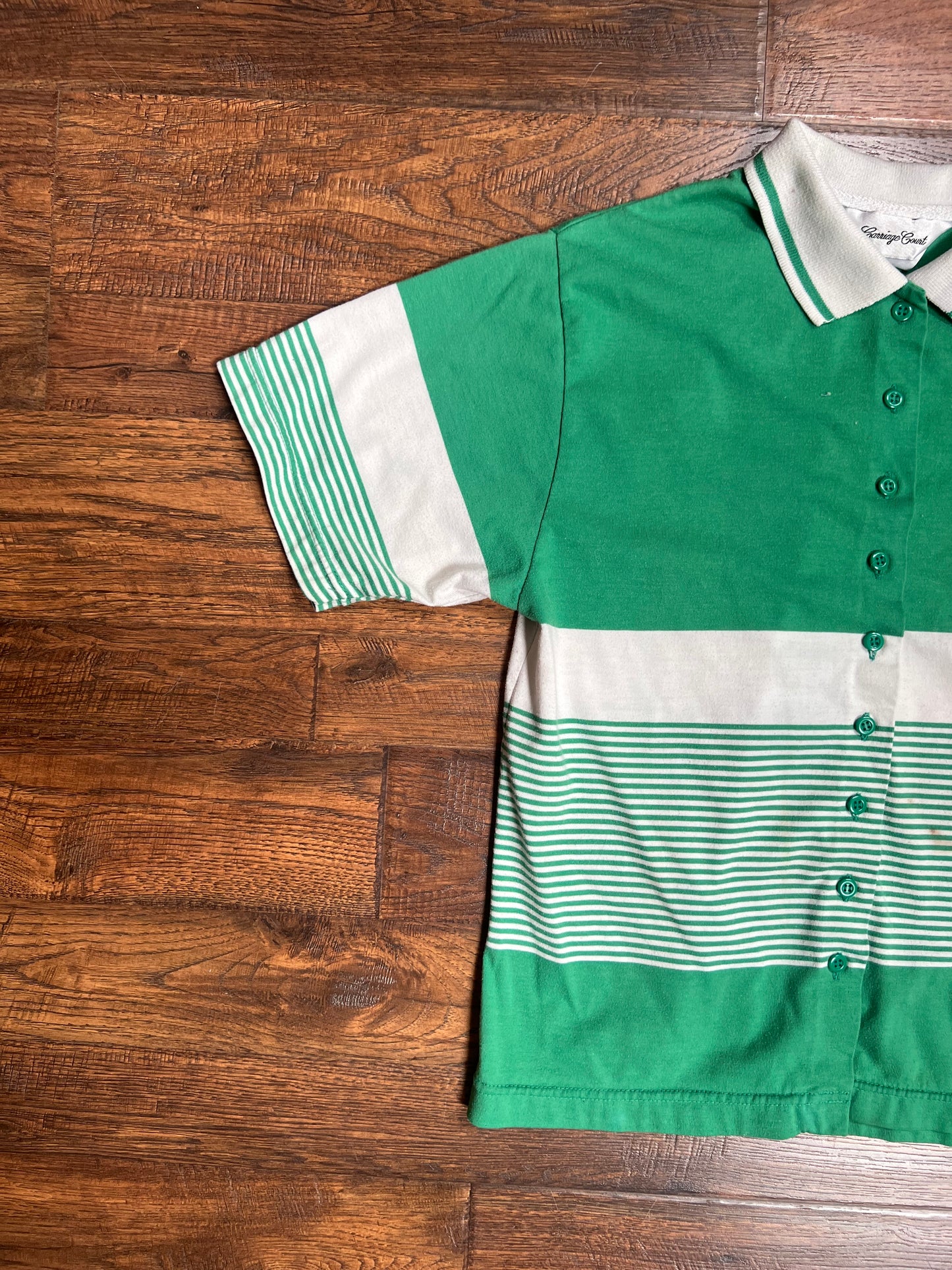 Vintage Clothing - Button Up Polo - Green and White Stripes - Carriage Court - Medium