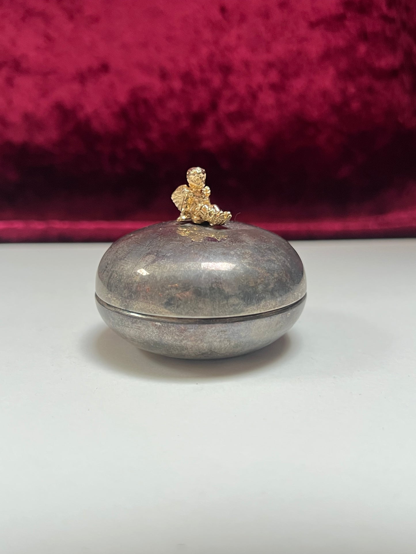 Vintage Trinket Box - Silver Plated Baby Teeth Keepsake - Gold Sitting Cherub