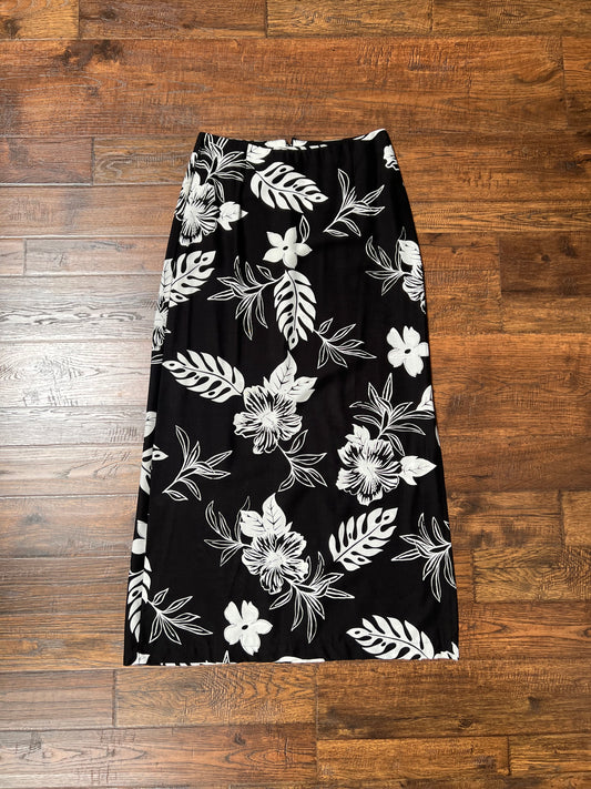 Vintage Clothing - Maxi Skirt with Side Slit -  Monstera and Hibiscus Flower Print - Black & White - Small