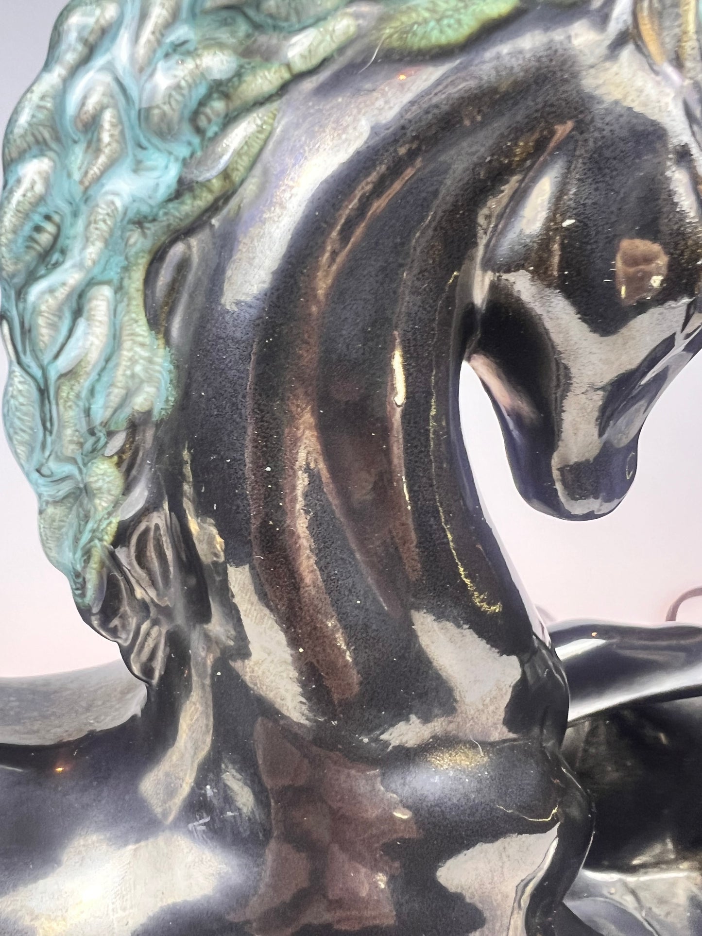 Vintage 1950s Underwriter Laboratories Ceramic TV Lamp Planter | Black & Teal | Mustang Horse