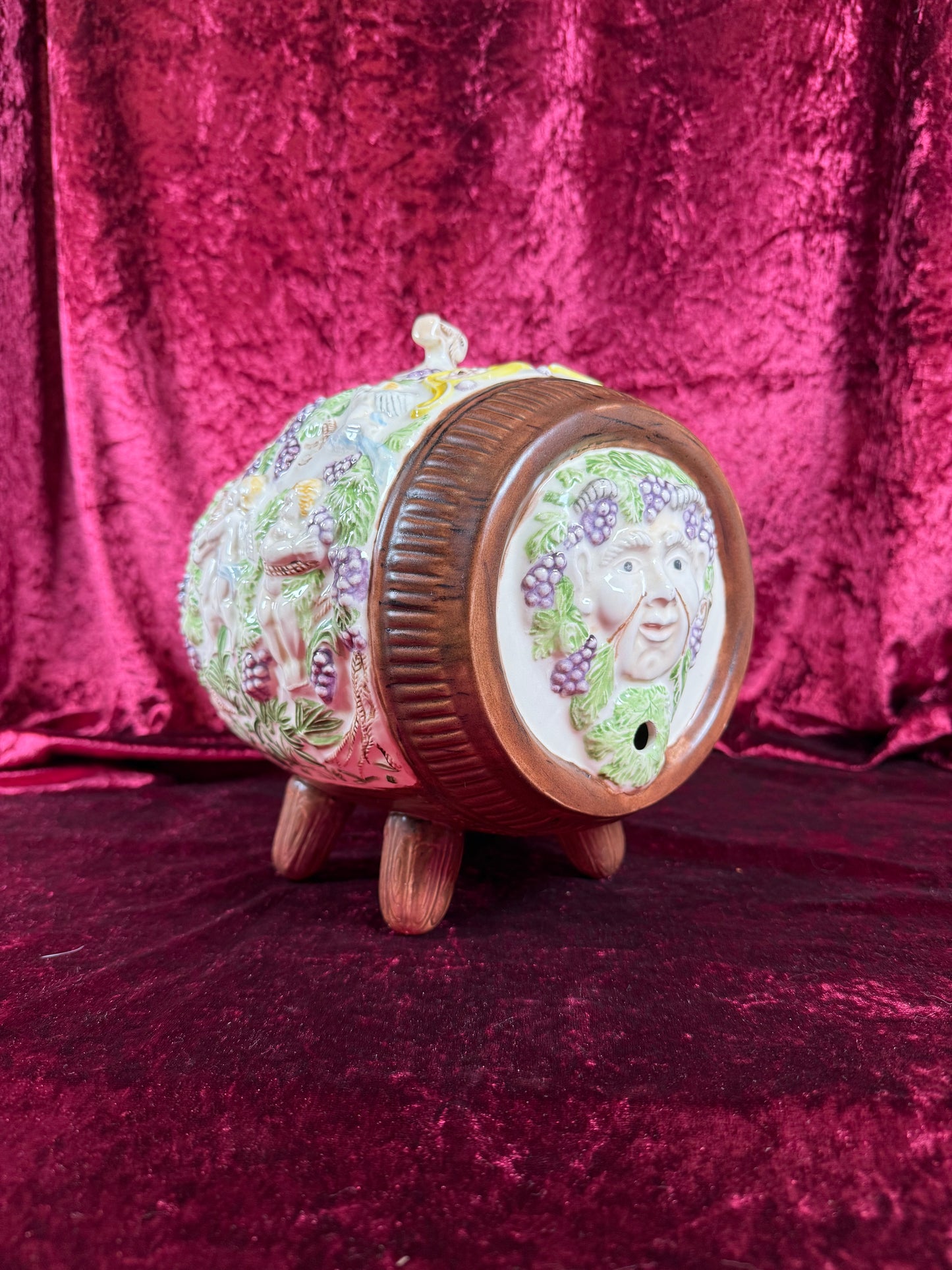 Vintage Pottery - Mid Century Wine Barrel Keg Decanter - Putti, Bacchus, Goat Relief