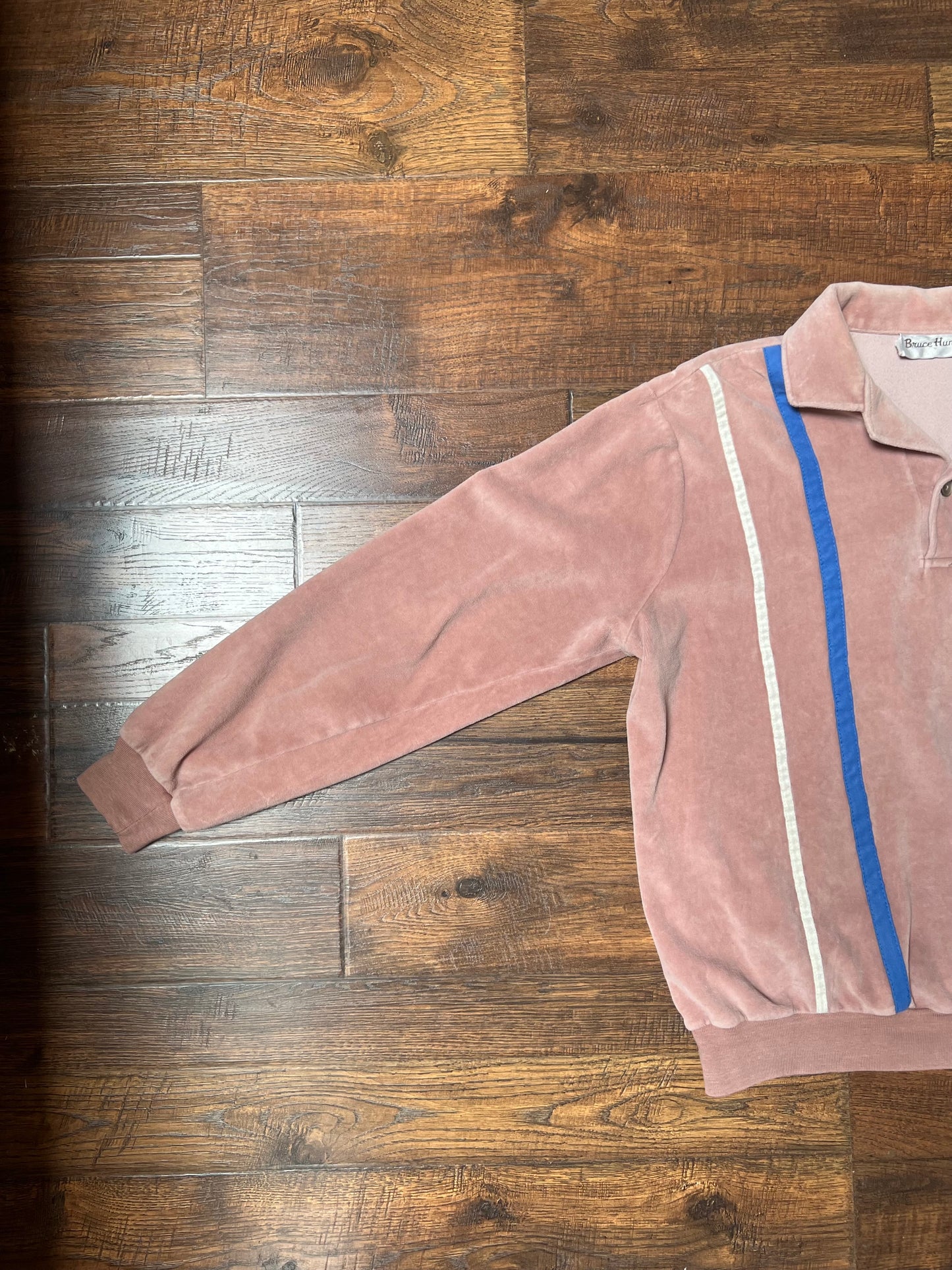 Vintage Clothing - Long Sleeve Velour Polo - Light Pink with Double Stripes - Bruce Hunt Made In U.S.A - Large