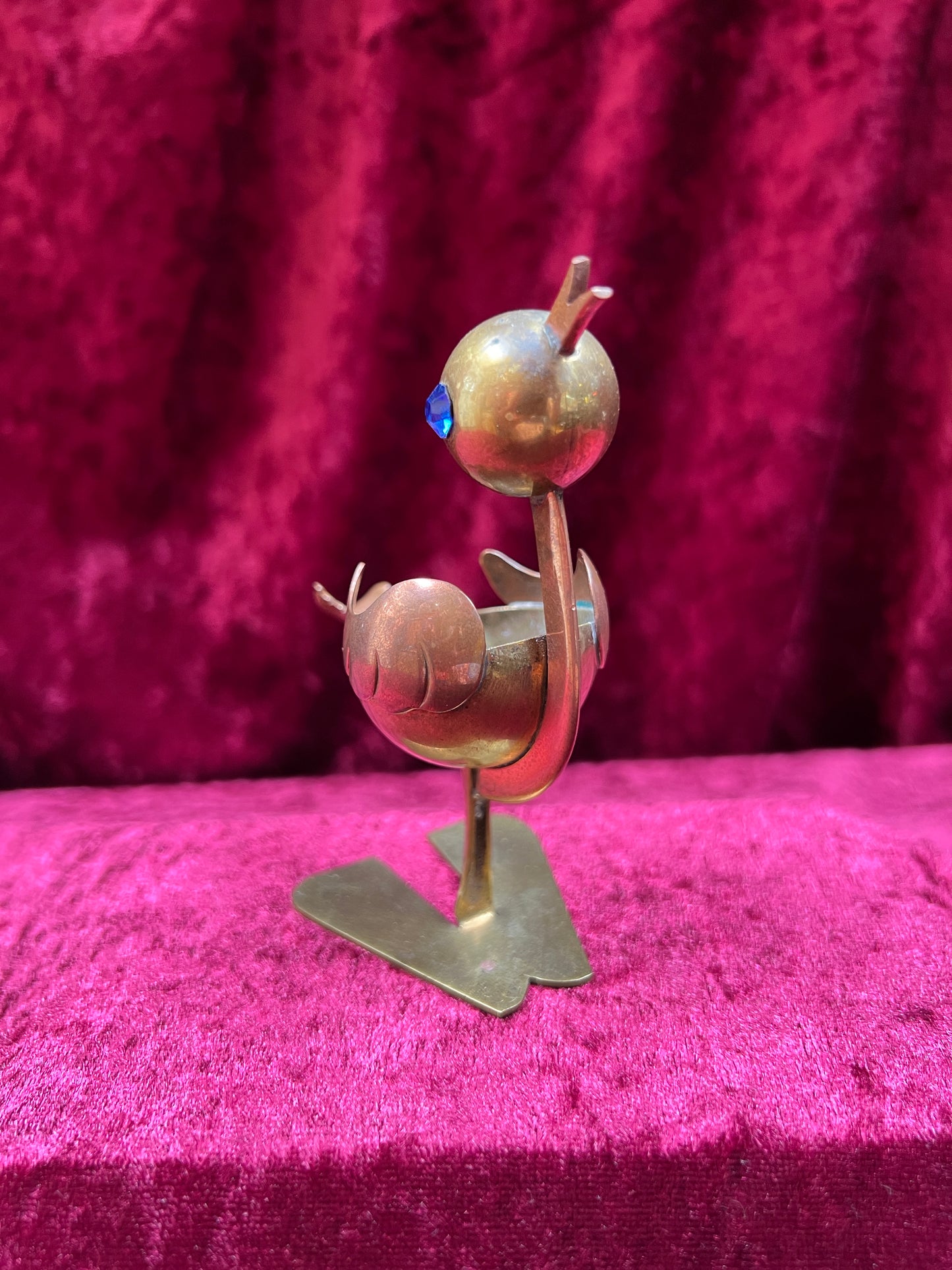 Vintage Ashtray - Mixed Metal Copper Bird with Blue Rhinestone Eyes - Mexico