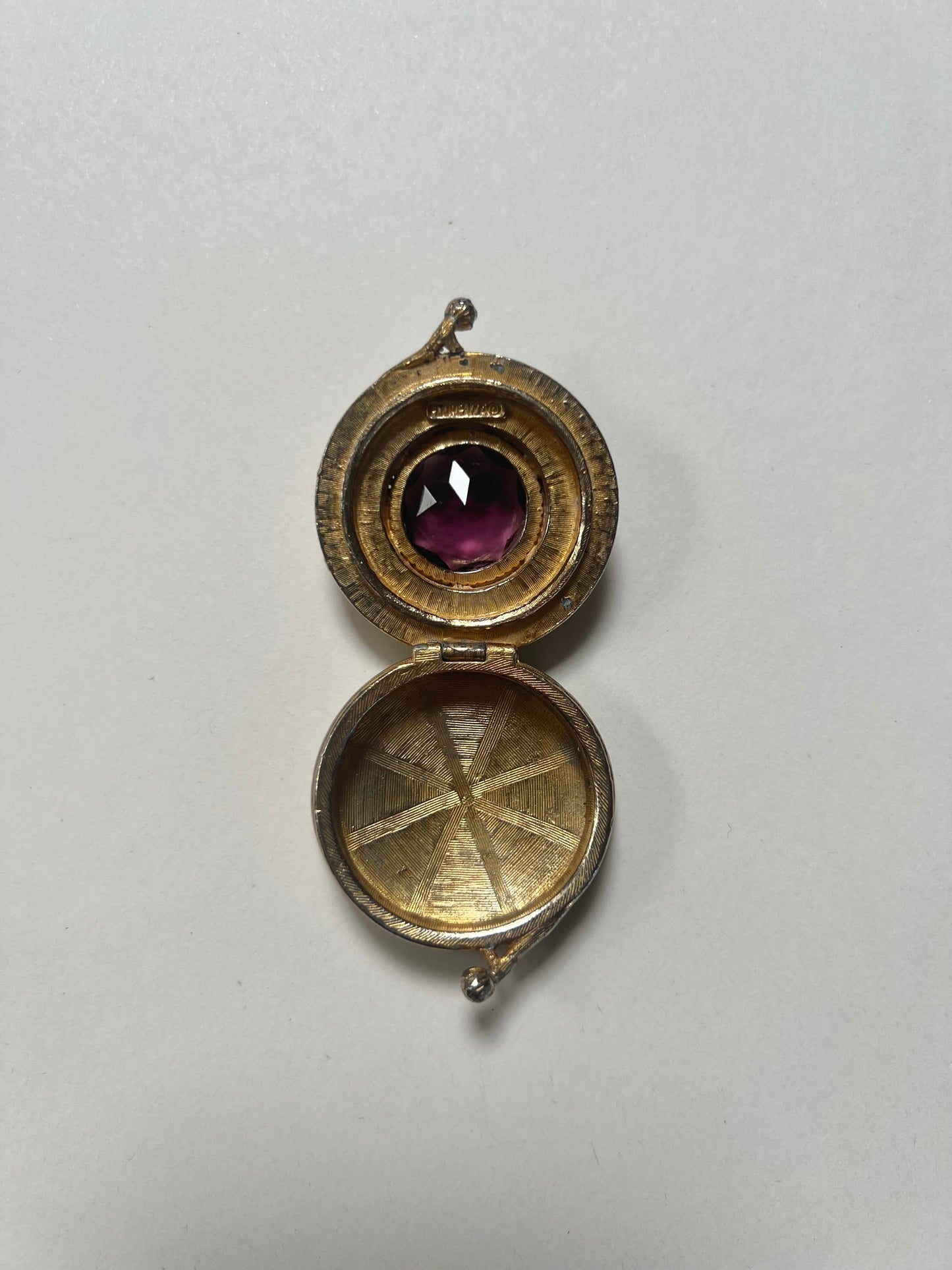 Vintage Trinket Box - Hinged Brass Pill Box - Round - Large Purple Faceted Stone - Turquoise Beads - Forenza