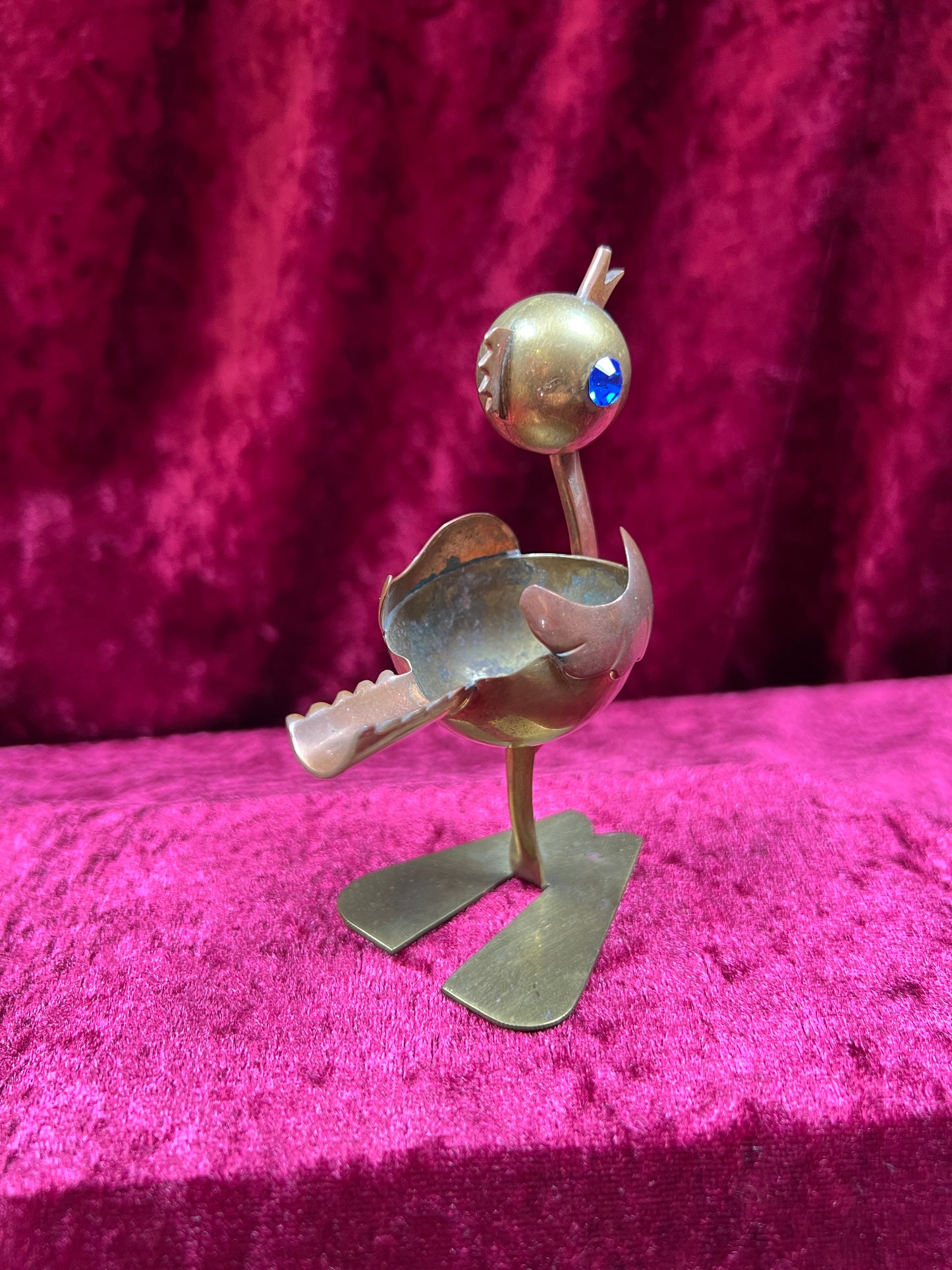 Vintage Ashtray - Mixed Metal Copper Bird with Blue Rhinestone Eyes - Mexico