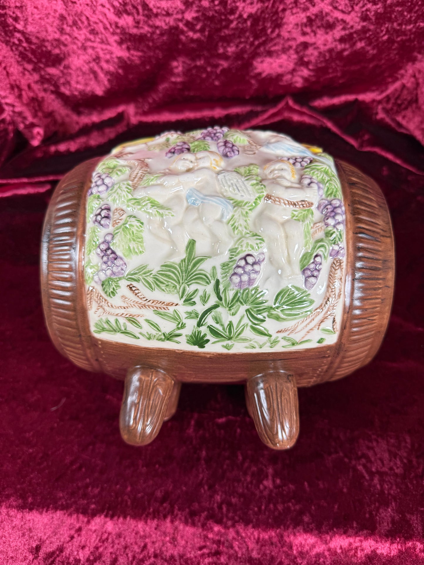 Vintage Pottery - Mid Century Wine Barrel Keg Decanter - Putti, Bacchus, Goat Relief