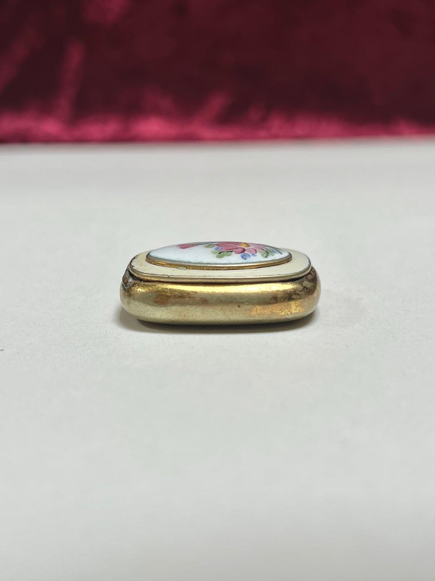 Vintage Trinket Box - Brass Pill Box - Hand Painted Pink Floral Design