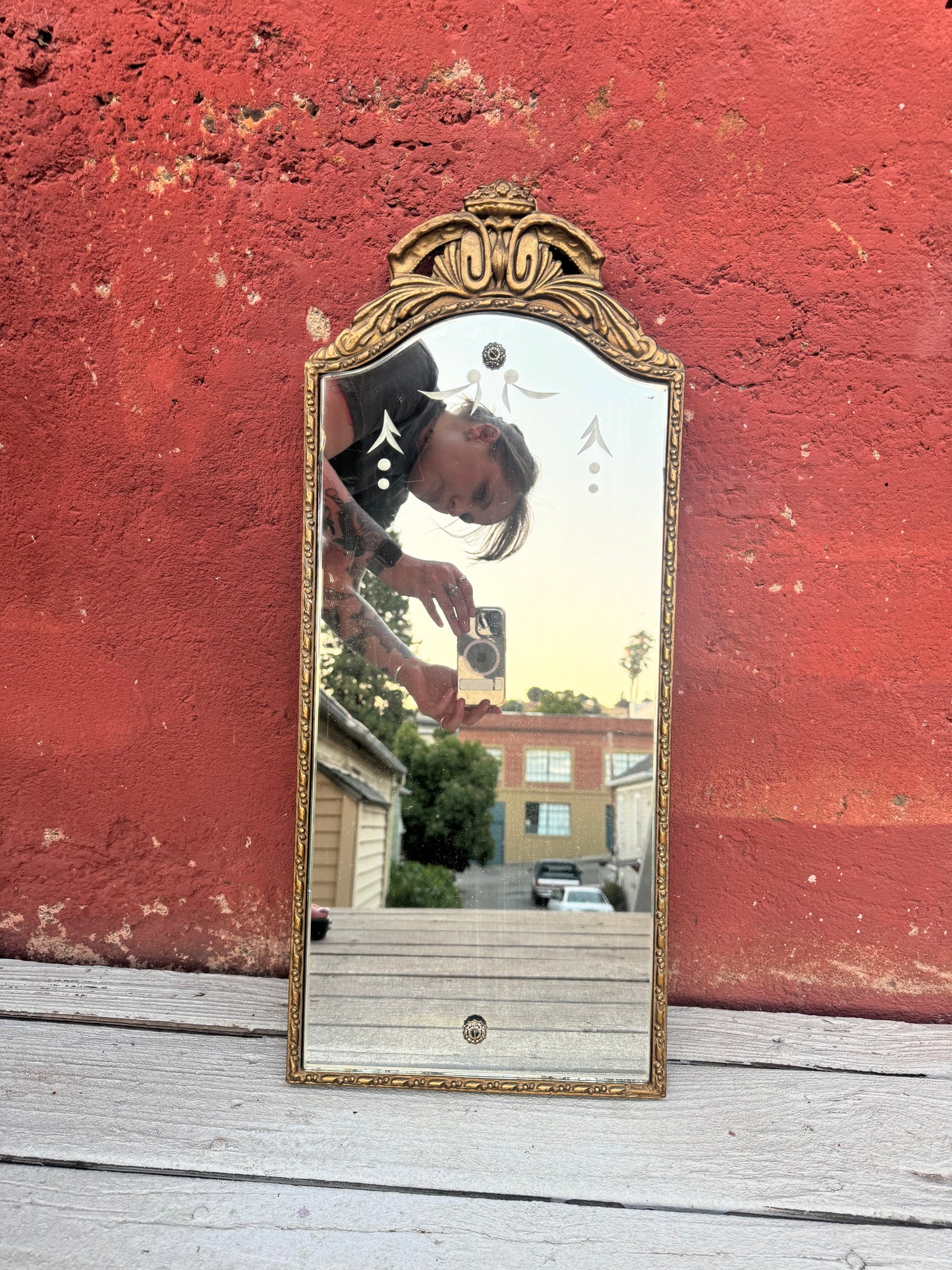 Antique Mirror Art Deco Arched Etched Glass - Plaster on Wood