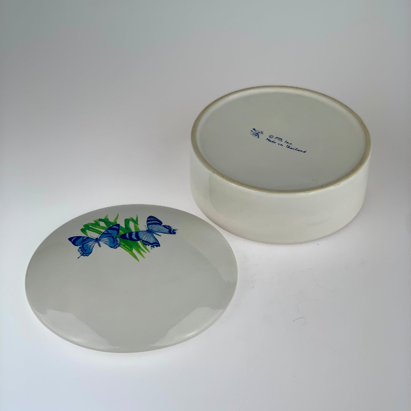 Vintage Blue Butterflies Ceramic Covered Jewelry Dish | Made In Thailand