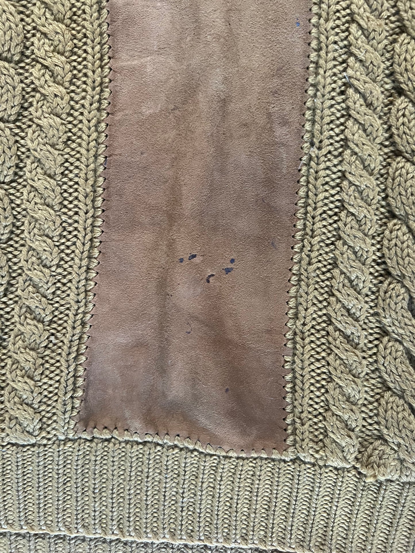 Vintage Clothing - Cable Knit Sweater - Mock Turtleneck - Suede Detail - Pea Soup Green - Small