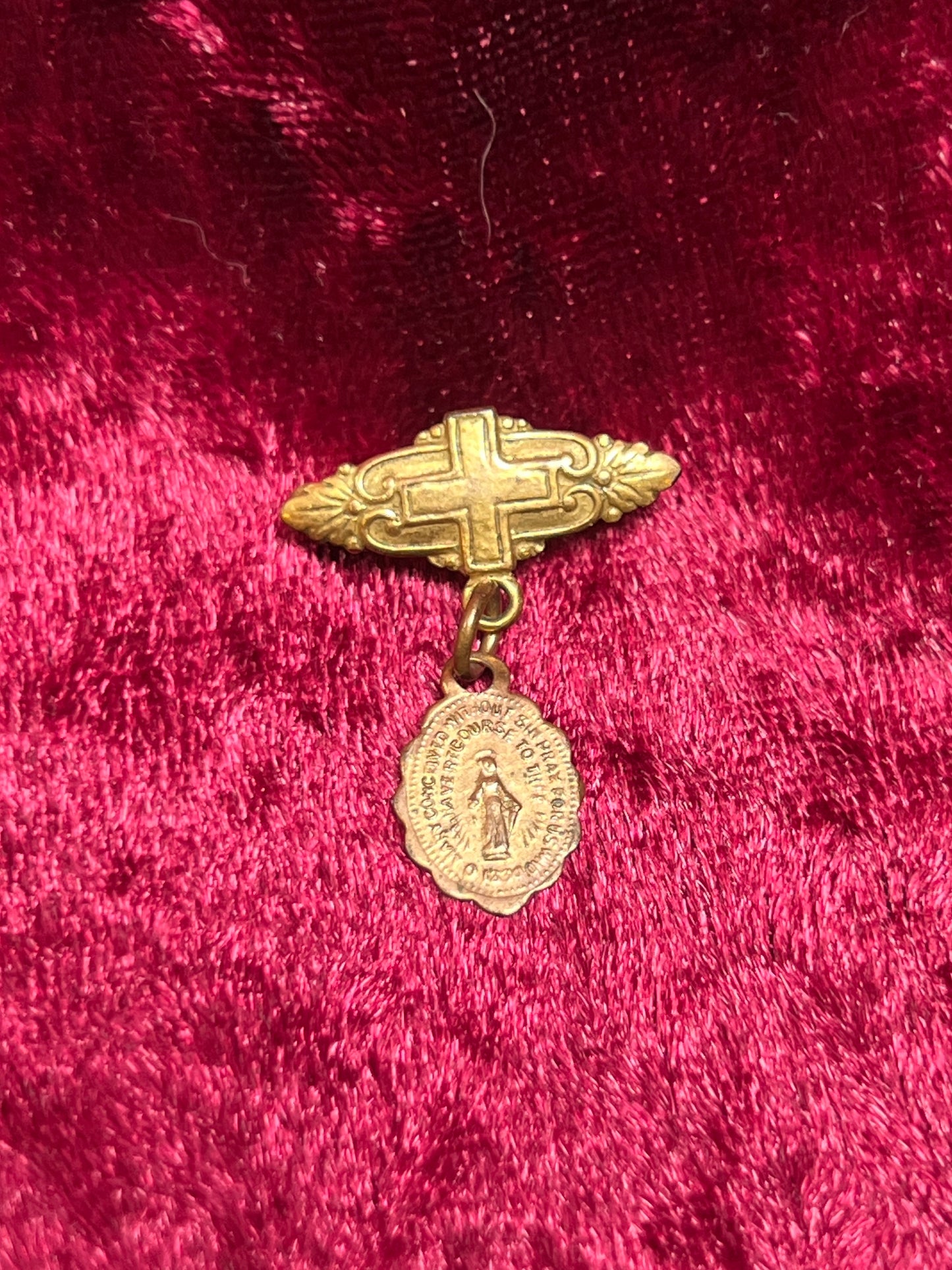 Vintage Jewelry - Baby Christening Brooch - Brass Cross - Miraculous Medal Pendant