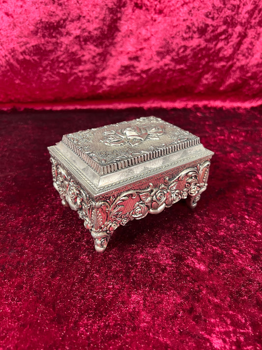 Vintage Vanity - Jewelry Box - Ornate Silver Rose Filigree - Black Velvet Lining - Footed