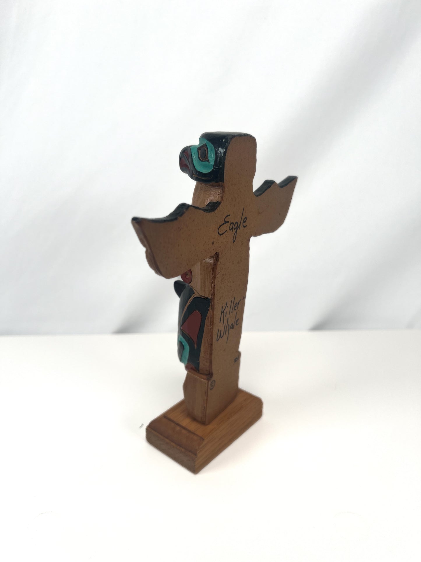 Vintage Totem - Eagle and Killer Whale Totem Pole - Hand Painted Wood - 6 7/8"