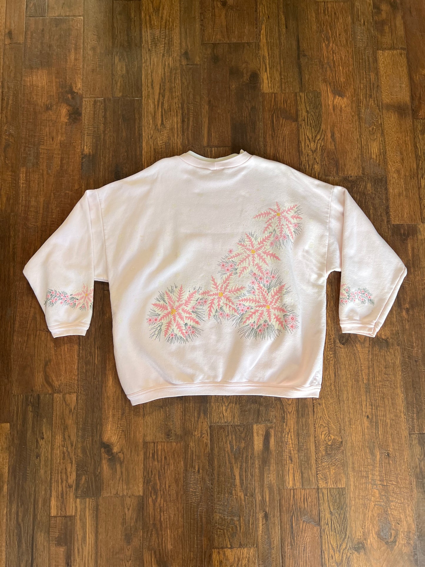 Vintage Clothing - Screen Printed Crewneck Sweatshirt- Pink Flowers & Glitter Snowflakes - Artisans - XL