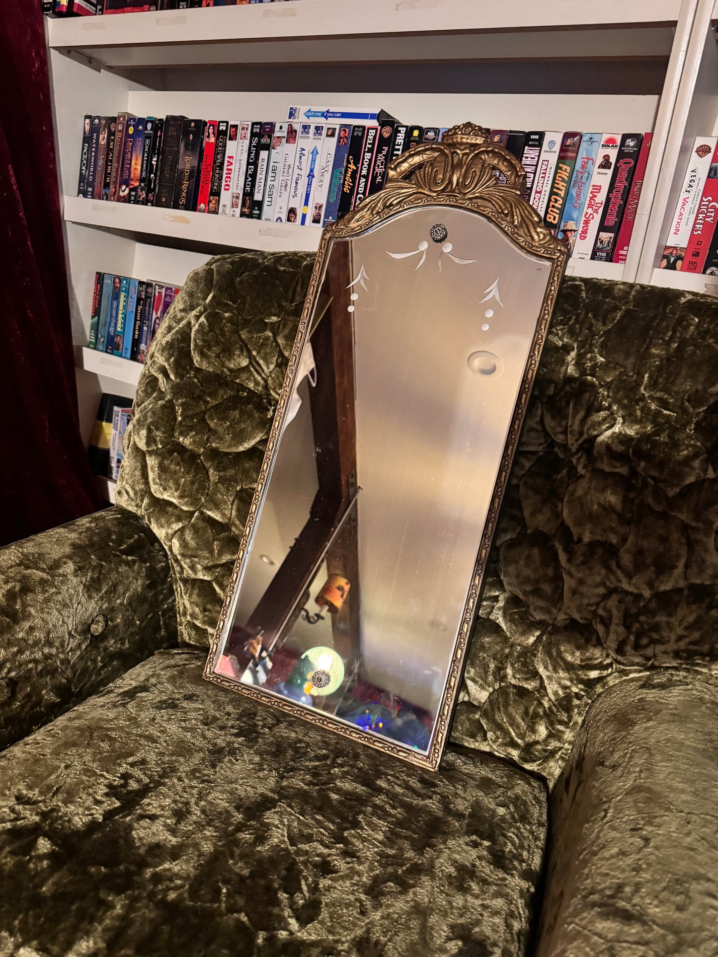 Antique Mirror Art Deco Arched Etched Glass - Plaster on Wood