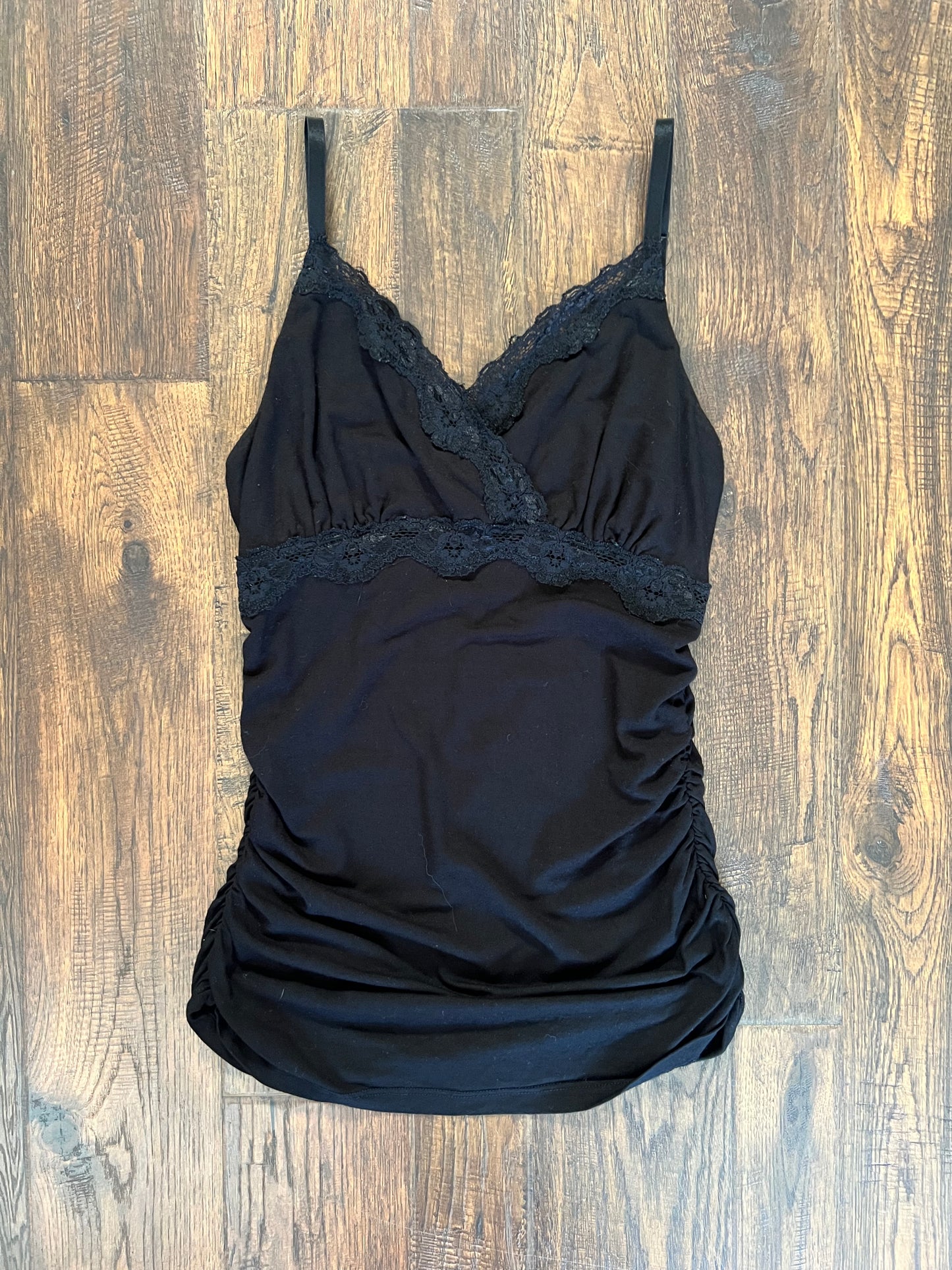 Vintage Clothing - Tank Top - Ruched Sides - Floral Lace Trim - Black - Medium - Bebe