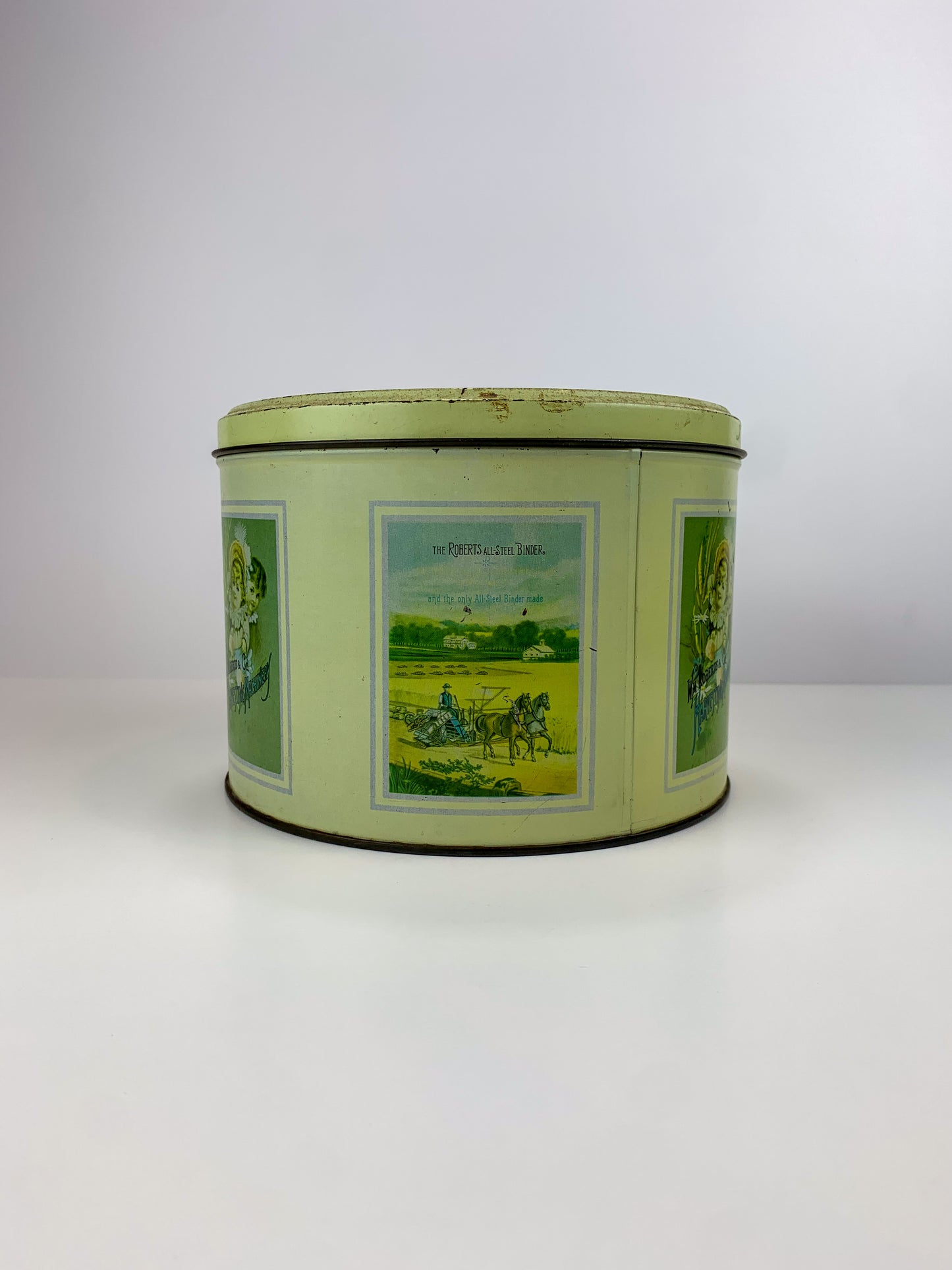 Vintage Round Metal Advertising Tin - WM Roberts & Co. Harvesting Machinery - Made In Italy