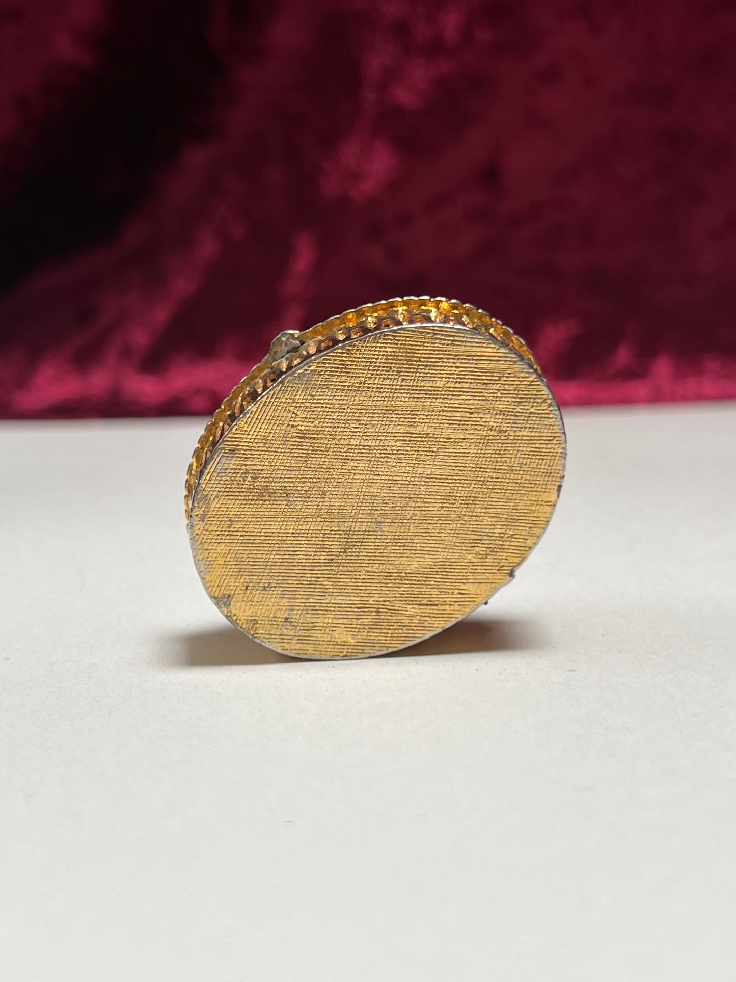Vintage Trinket Box - Oval Pill / Snuff Box - Enamel Rose Bud - Gold Basket Weave Design