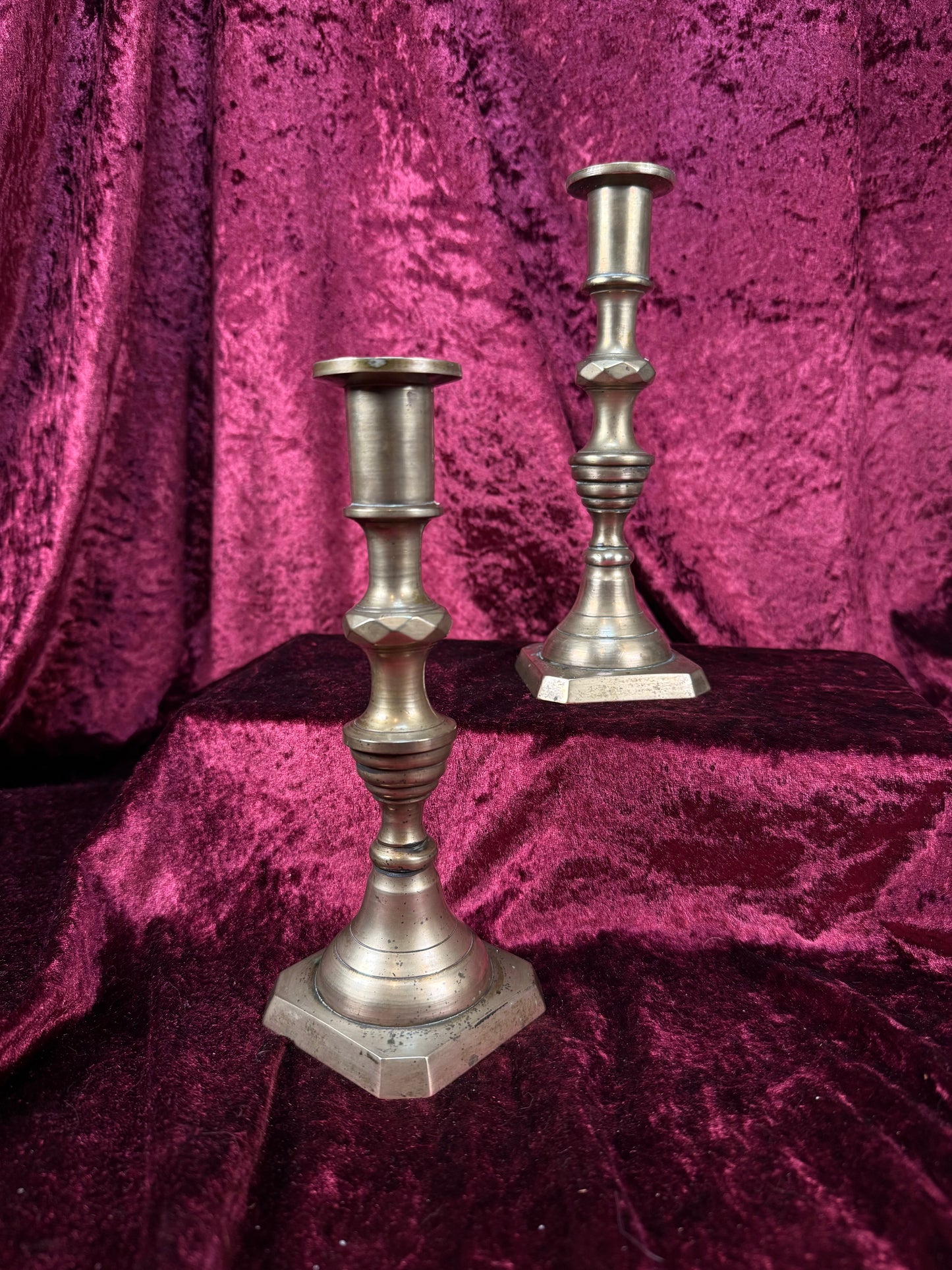 Antique English Brass Candlestick Pair – Beehive Taper Candle Holders