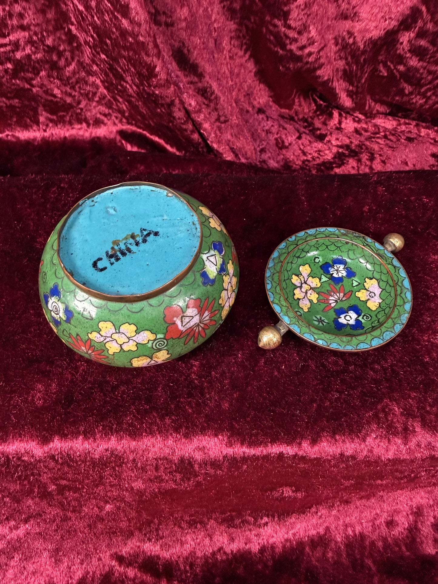 Vintage Chinese Cloisonne Enamel Brass Flip Top Ashtray – Floral Pattern - Incense Burner