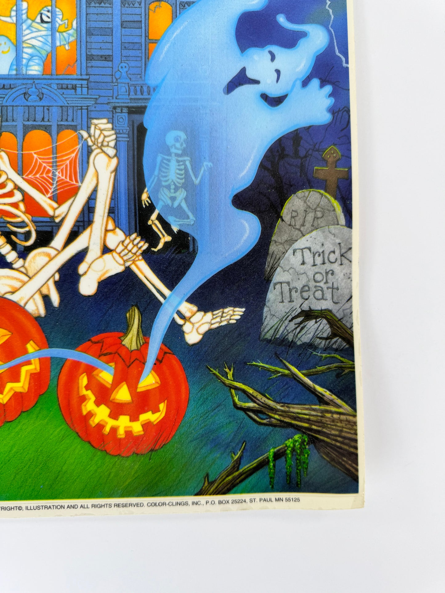 Vintage 1990s Color Clings Halloween Sheet | Skeleton Bats Mummy | Window Clings