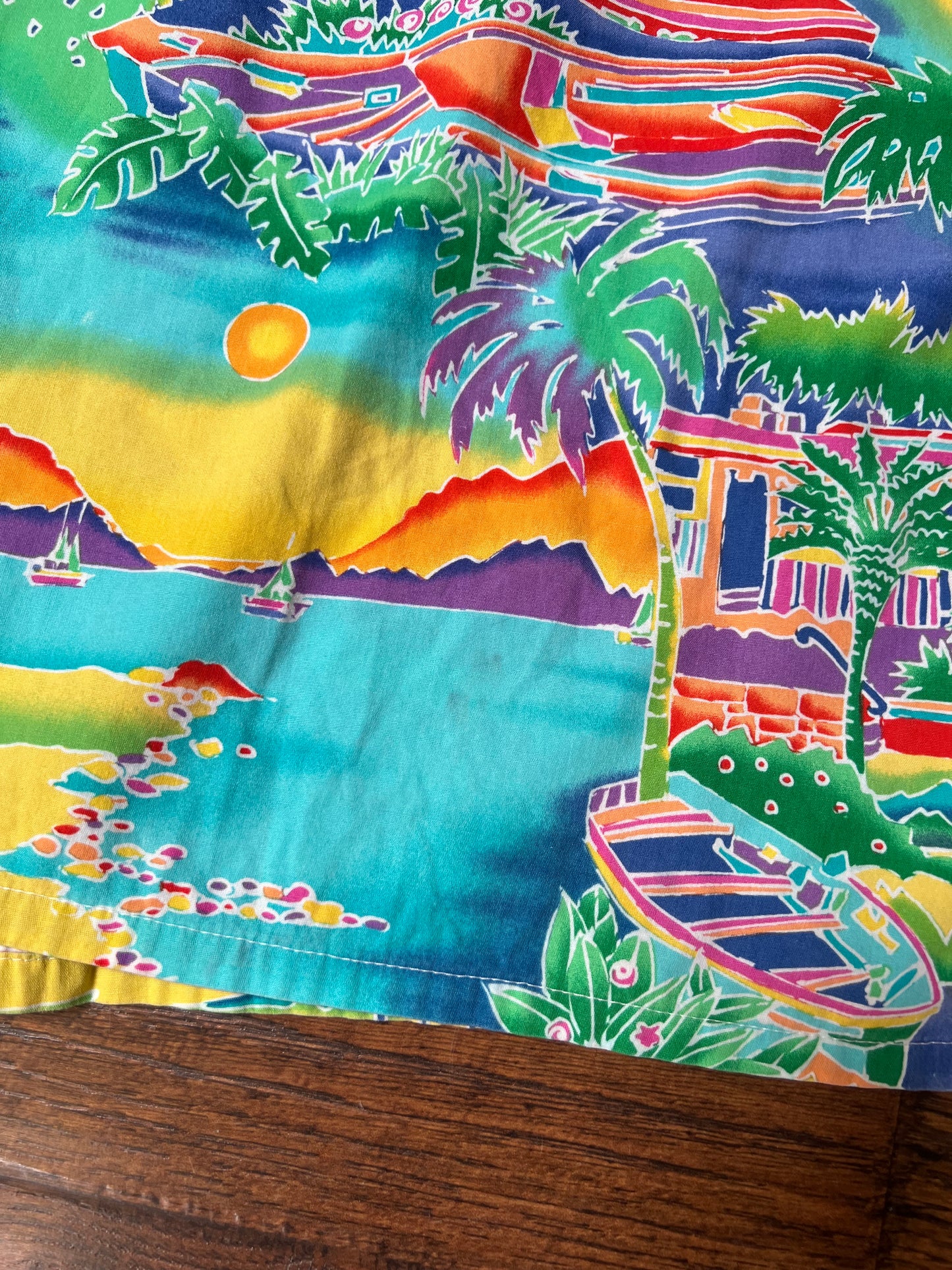 Vintage Clothing - Short Sleeve Hawaiian Shirt - Colorful Sea View Cafe Novelty Print - All Hours - 2X-Large