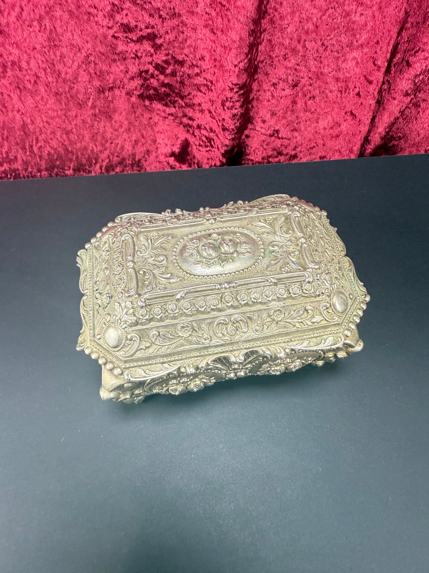 Vintage Vanity - Jewelry Box - Ornate Silver Floral Filigree - Red Velvet Lining - Footed