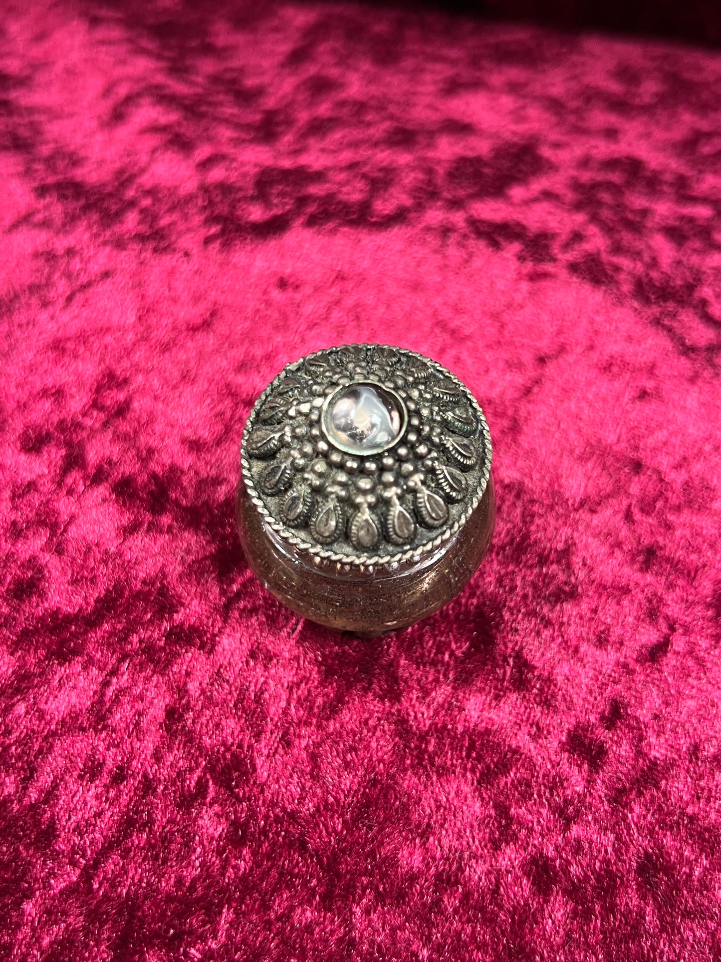 Vintage Trinket Box - Miniature Pill / Snuff Jar - Smokey Purple Glass - Ornate Silver Tone Design