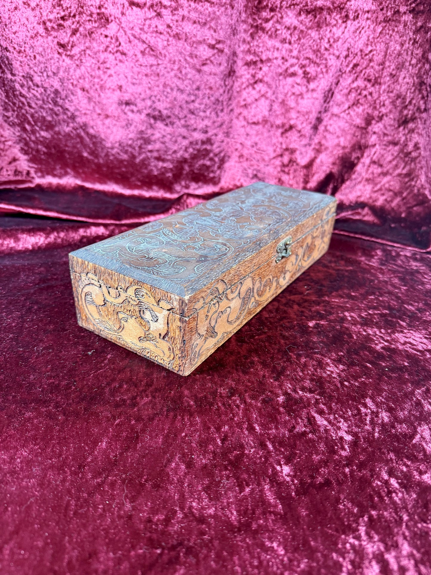 Antique Box - Hand Carved Flemish Pyrography Wood Glove Box