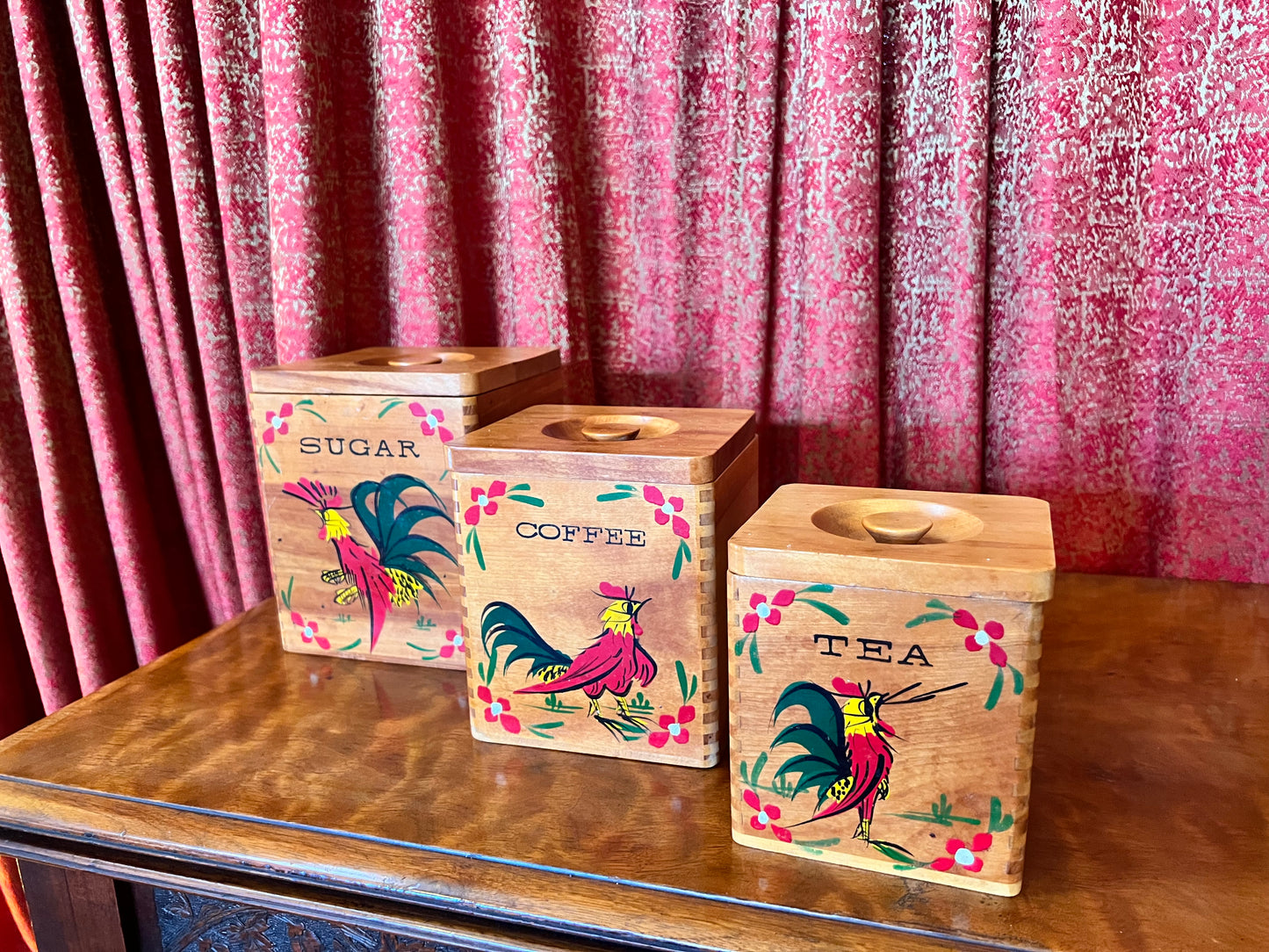 Vintage Kitchen - 1950s Wooden Rooster Canister Set - Coffee Sugar Tea