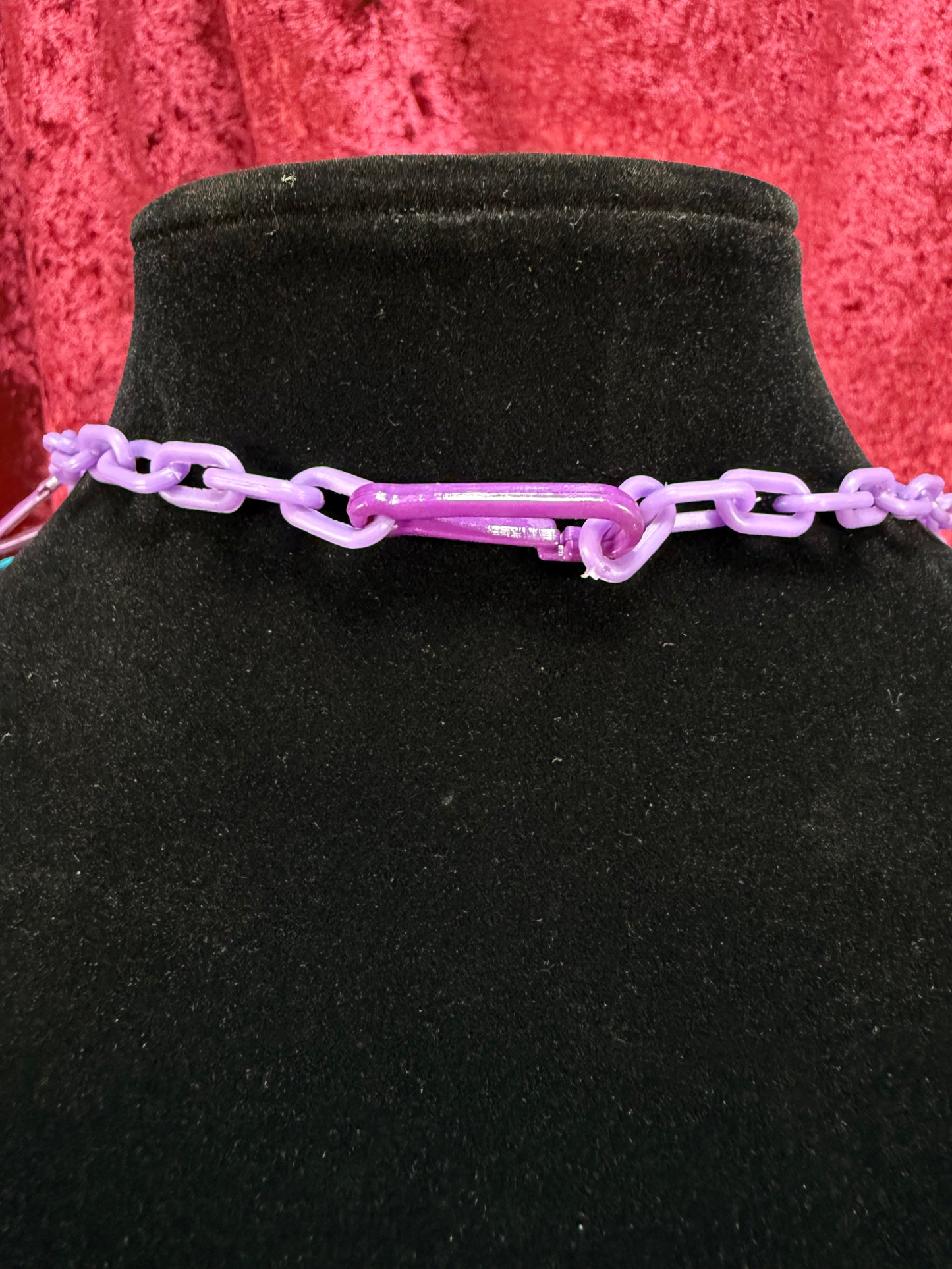 Vintage 1980s Plastic Chain Charm Necklace - 20 Bell Charms - Purple & Aqua Blue
