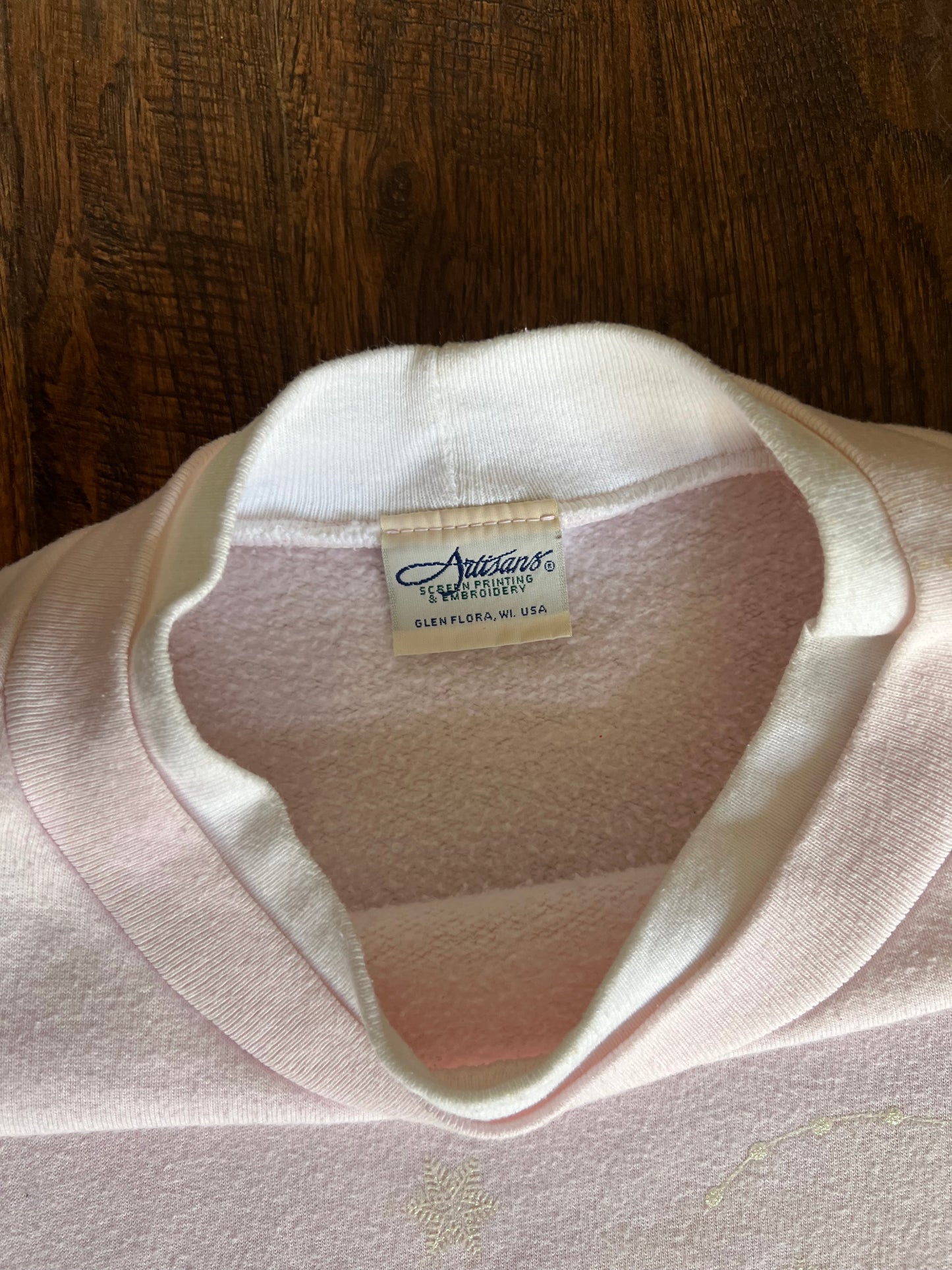 Vintage Clothing - Screen Printed Crewneck Sweatshirt- Pink Flowers & Glitter Snowflakes - Artisans - XL