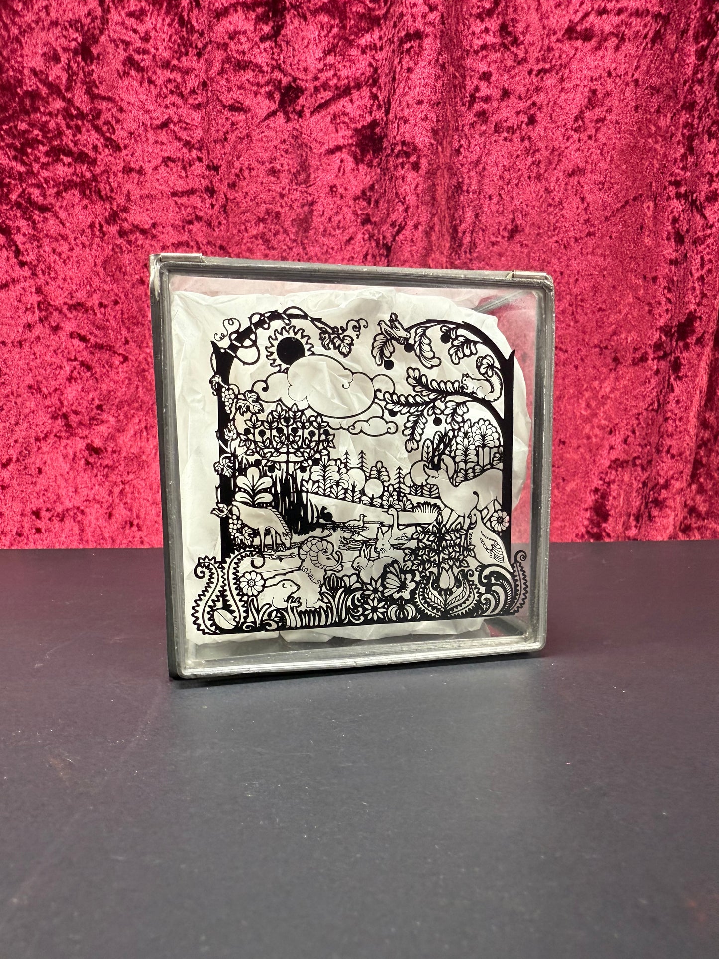 Vintage Trinket Box - Glass - Hand Painted Magical Forest Scene - Mirrored Bottom - Stained Glass Arts
