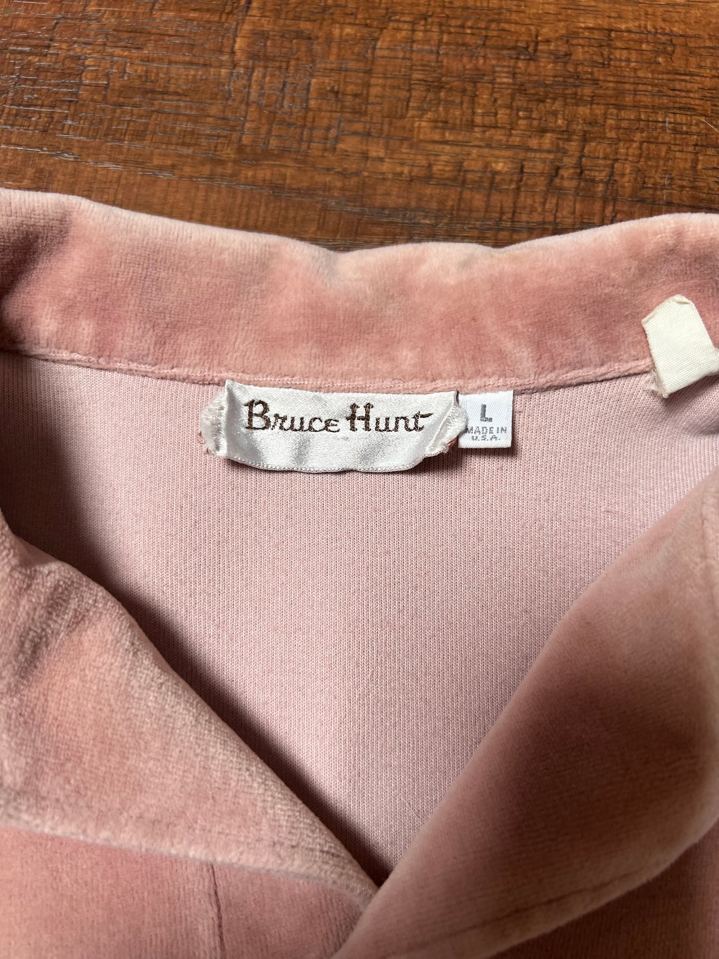 Vintage Clothing - Long Sleeve Velour Polo - Light Pink with Double Stripes - Bruce Hunt Made In U.S.A - Large