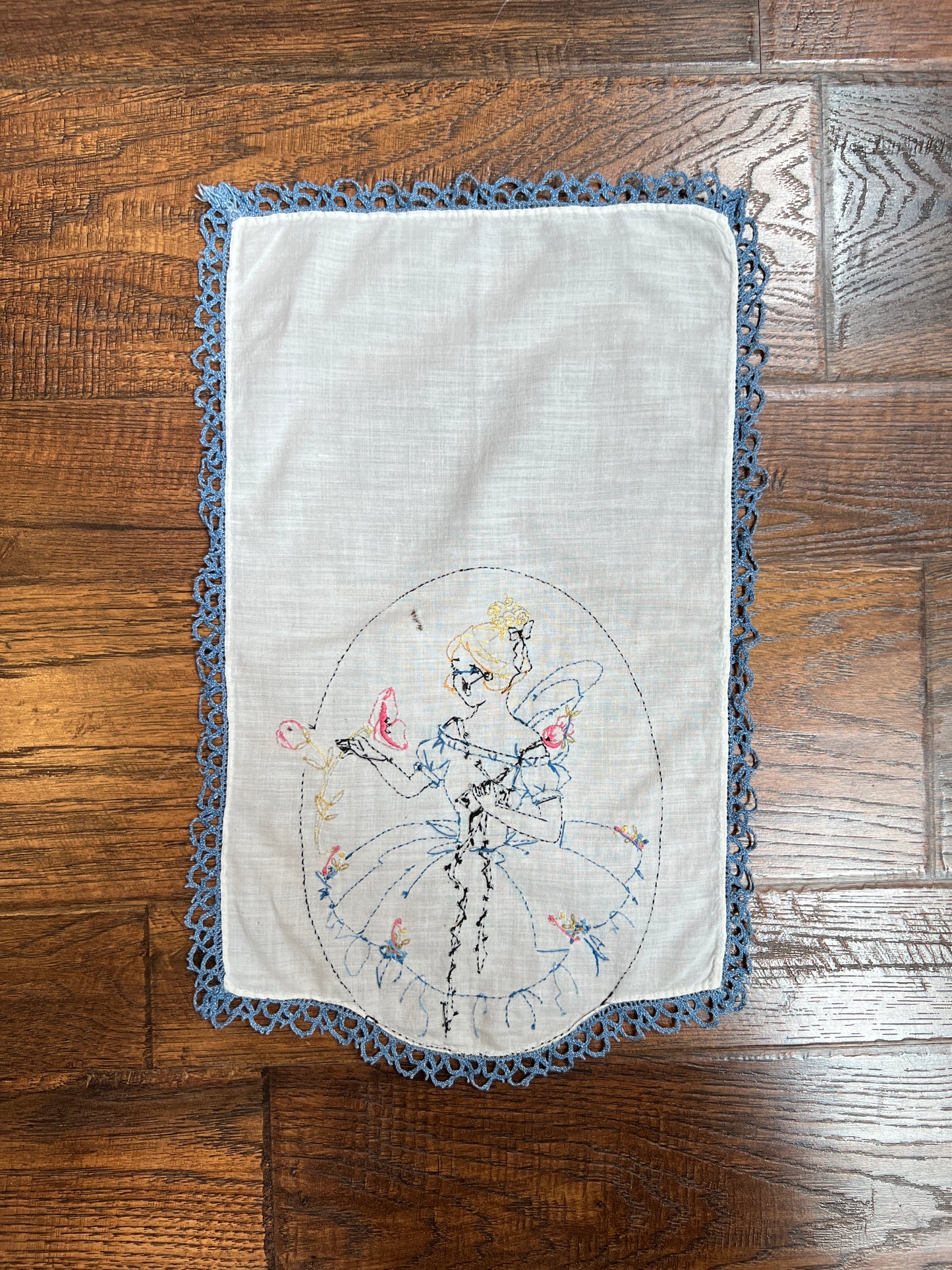 Vintage Linens - Embroidered Handkerchief - Rococo Lady Picking Flowers