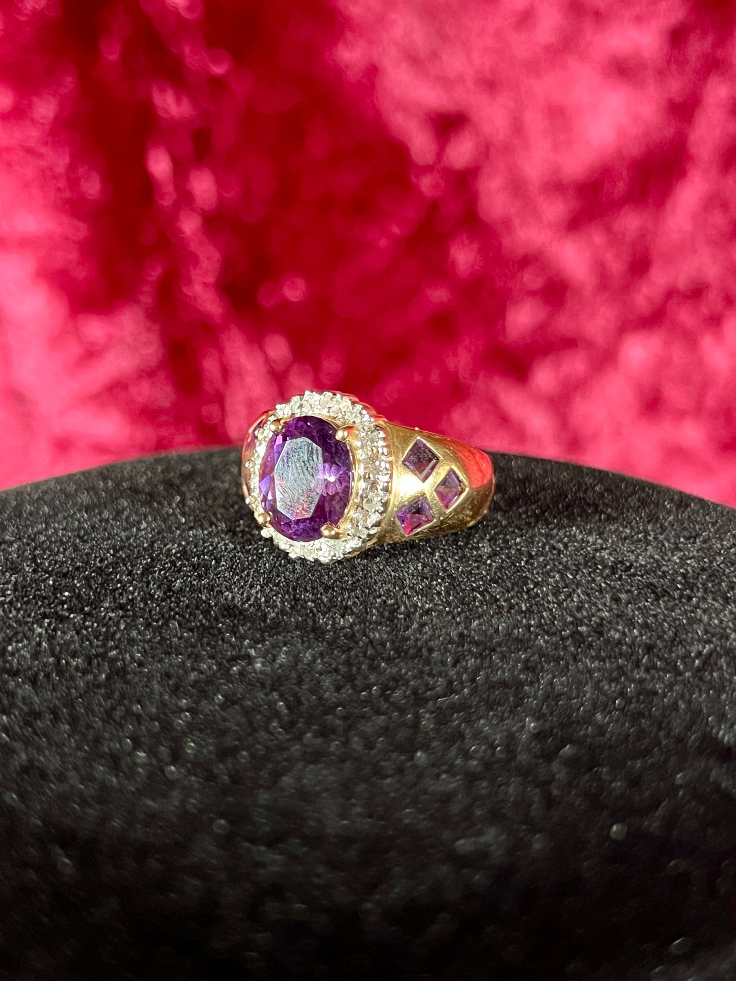 Vintage 14K Yellow Gold Ring – Faceted Amethyst in Cubic Zirconia Halo Setting - ESX - Size 7