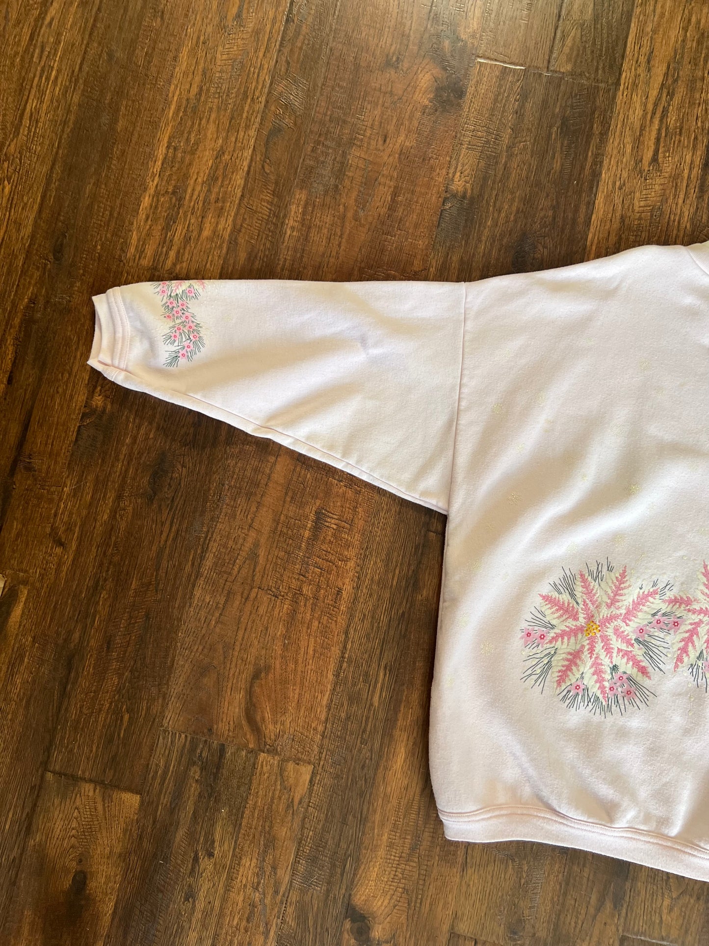 Vintage Clothing - Screen Printed Crewneck Sweatshirt- Pink Flowers & Glitter Snowflakes - Artisans - XL