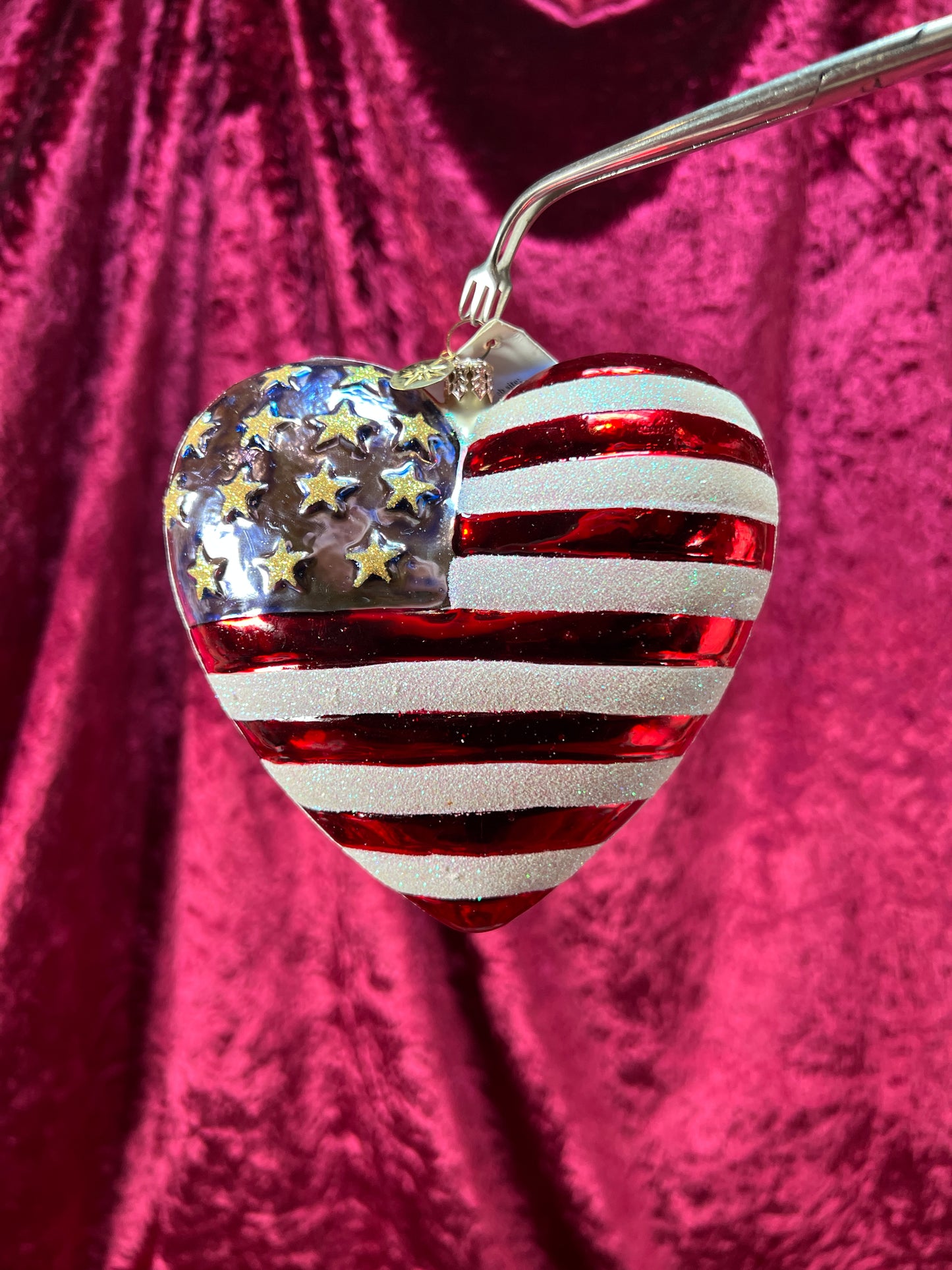 Vintage Christmas - Handblown Glass Ornament - American Flag Heart - Radko / American Red Cross