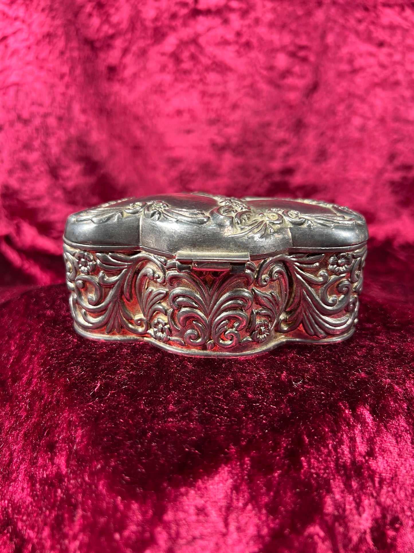 Vintage Jewelry Box - Antique Silver Patina - Double Hearts with Floral Filigree - Red Velvet Lining