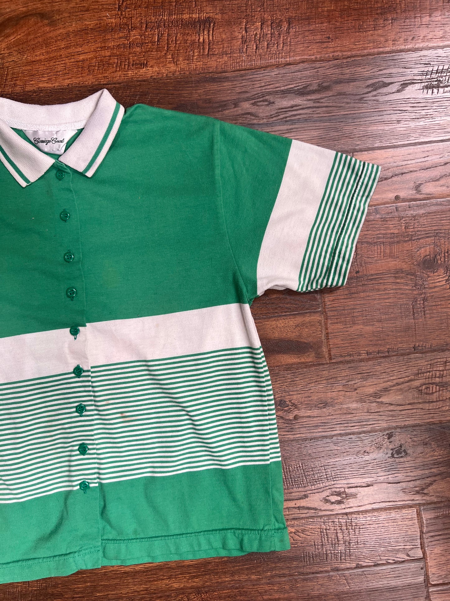 Vintage Clothing - Button Up Polo - Green and White Stripes - Carriage Court - Medium