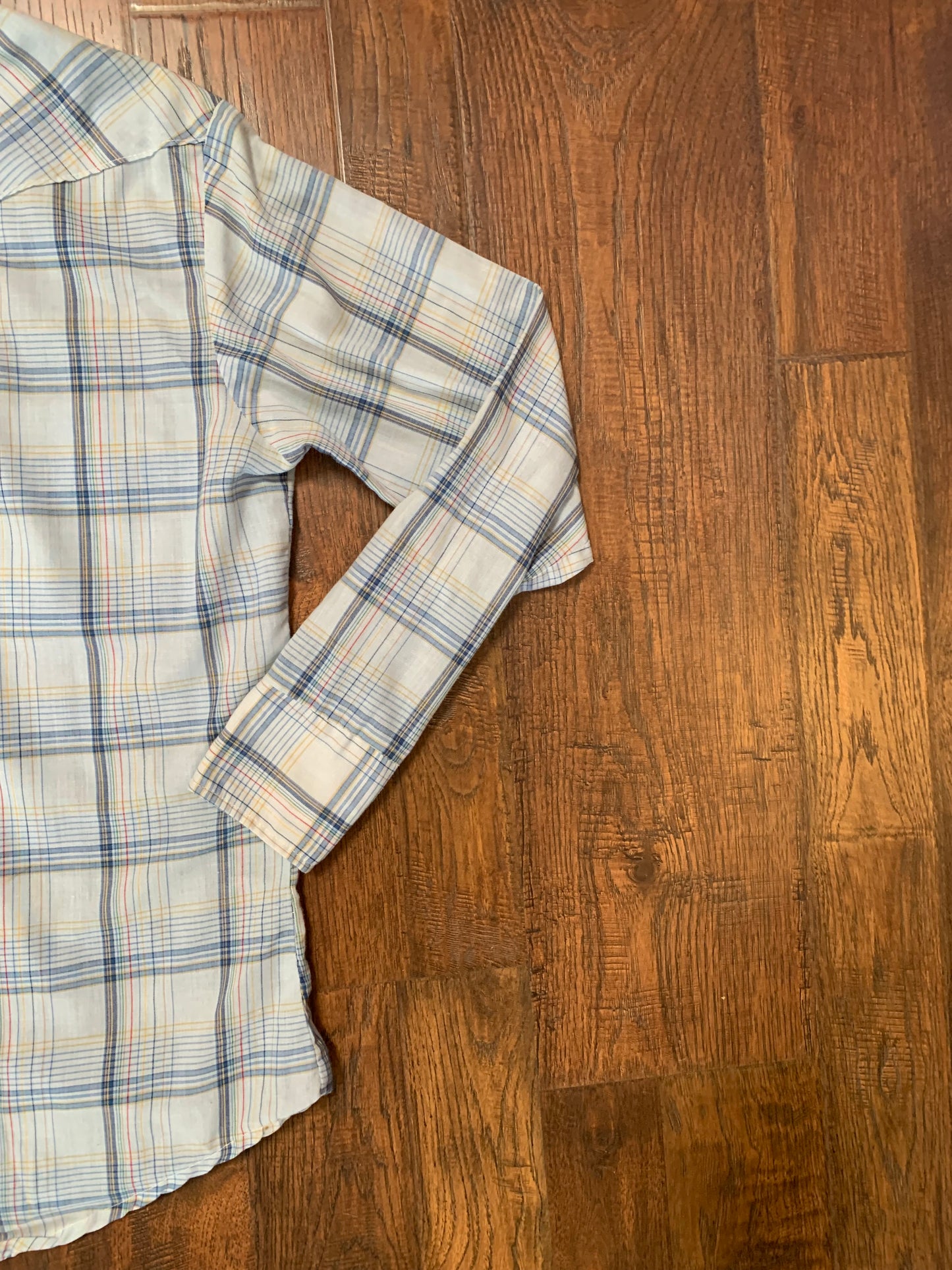 Vintage 1970s Mr. Leggs Pearl Snap Button Up Shirt - Light Blue Plaid - Small - Made In USA