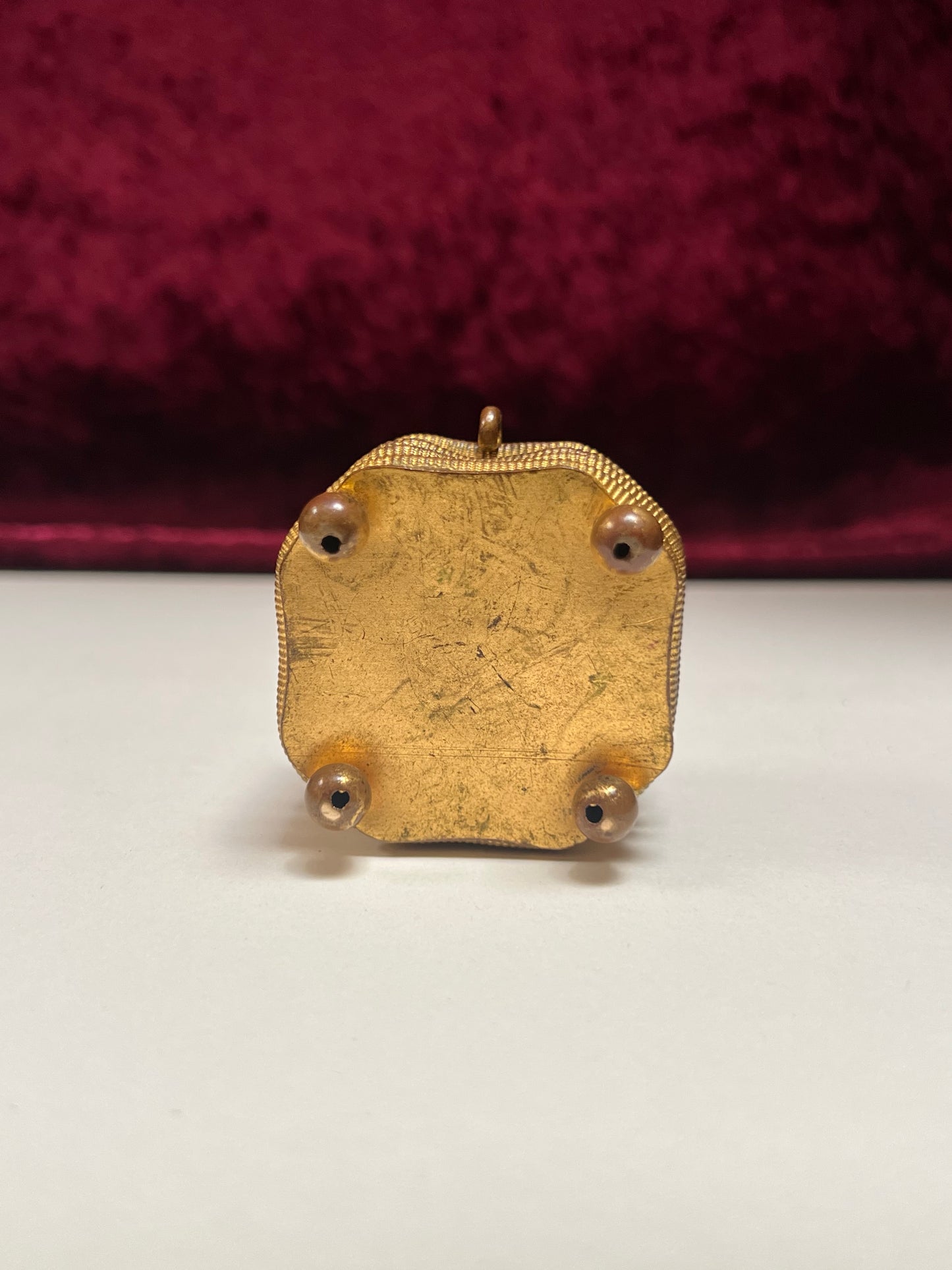 Vintage Trinket Box - Footed Ring Box - Red Leaf Lid - Brass Curved Design
