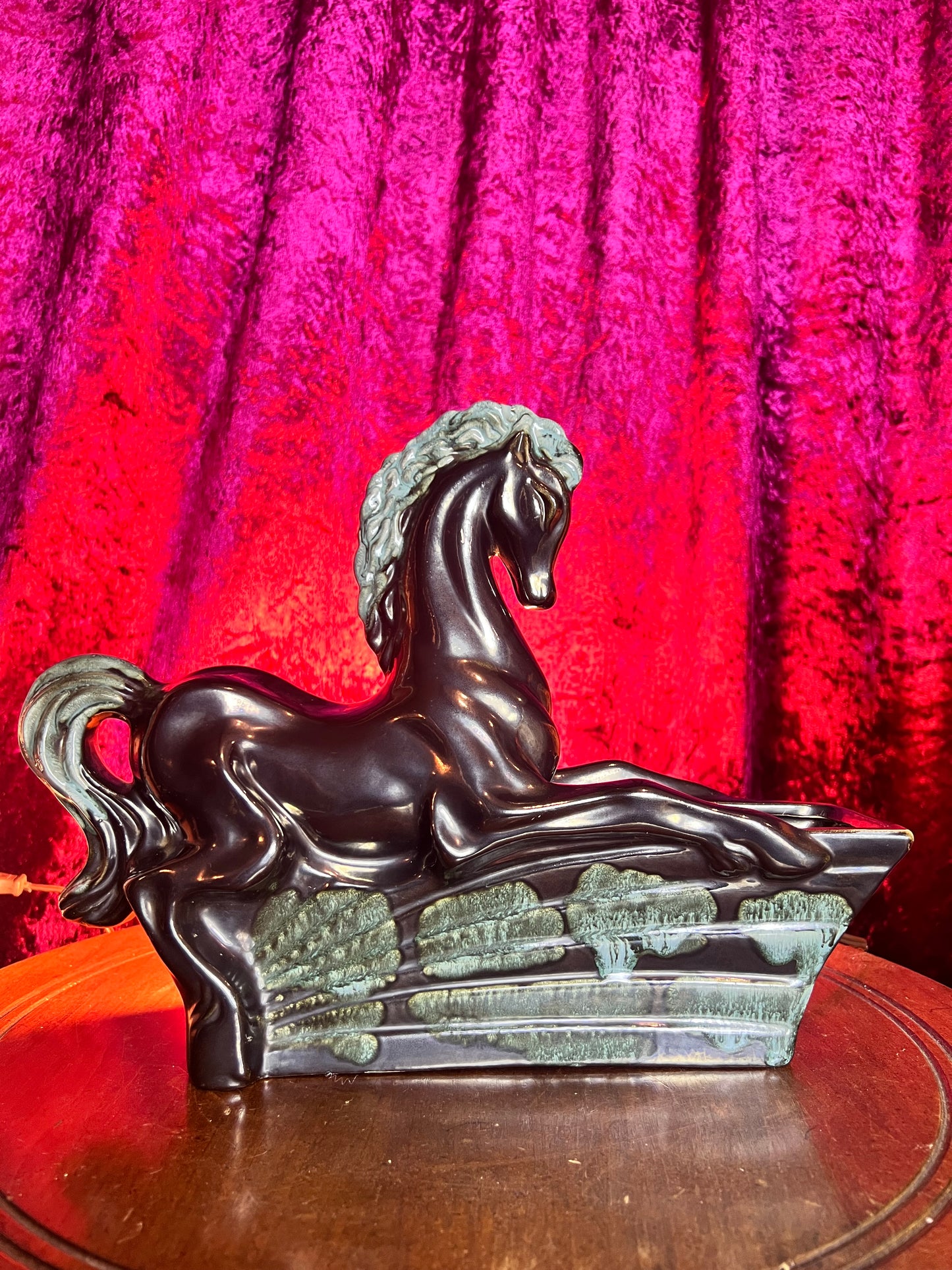 Vintage 1950s Underwriter Laboratories Ceramic TV Lamp Planter | Black & Teal | Mustang Horse