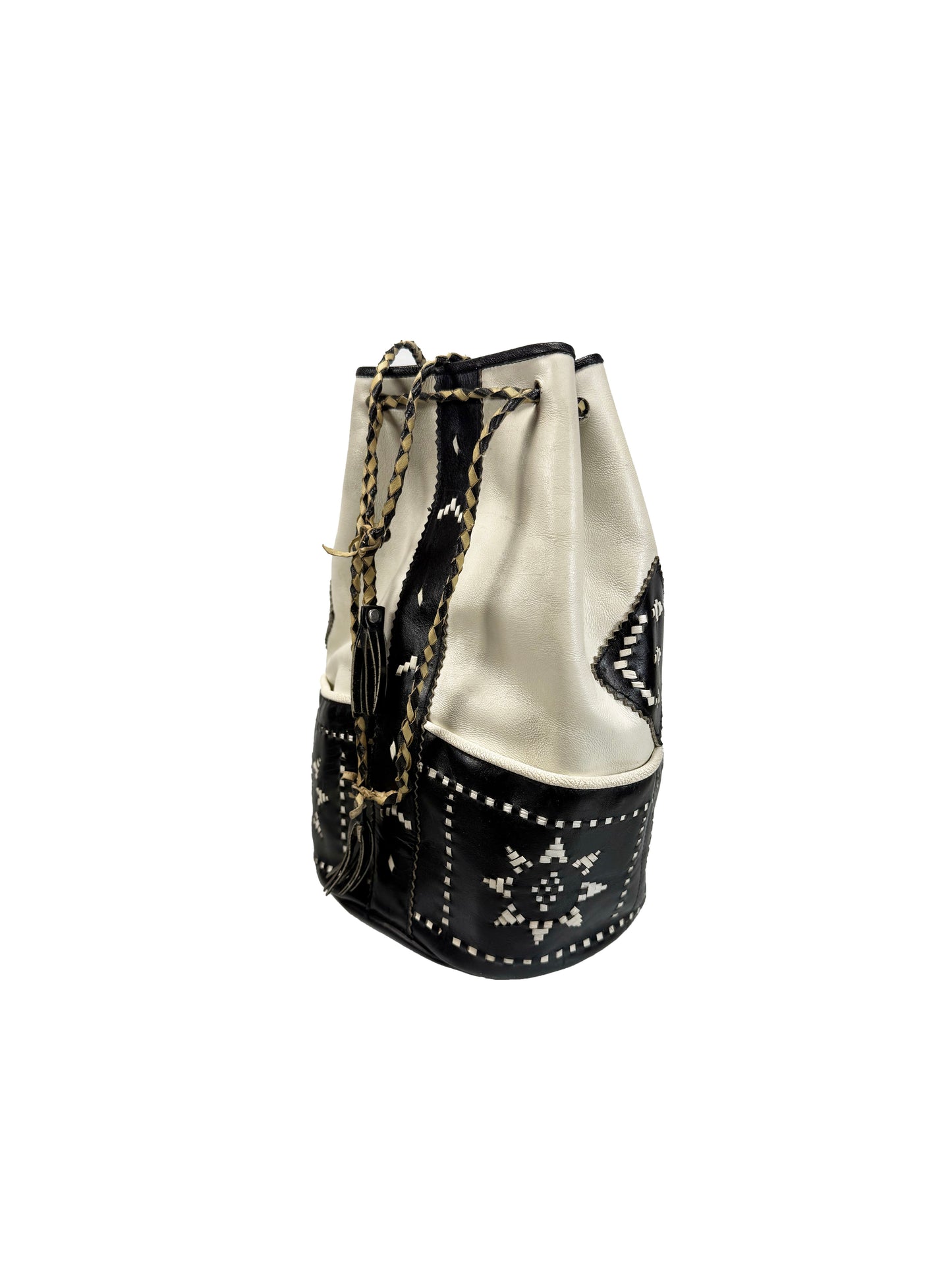 Vintage Purse - Black and White Leather Bucket Bag - Large