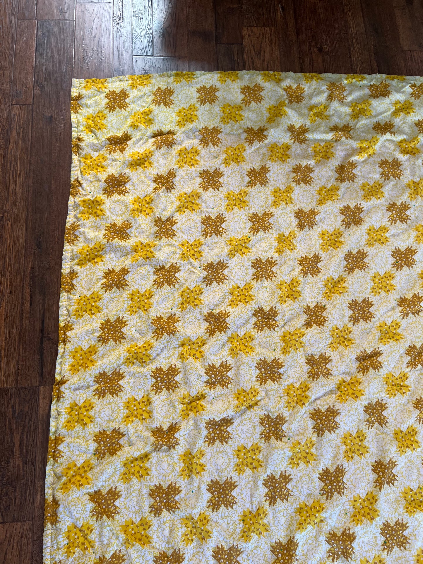 Vintage Linens - Handmade Quilt - Buttercream Yellow - Groovy Floral Patchwork - Double Sided - 81” X 67.5”