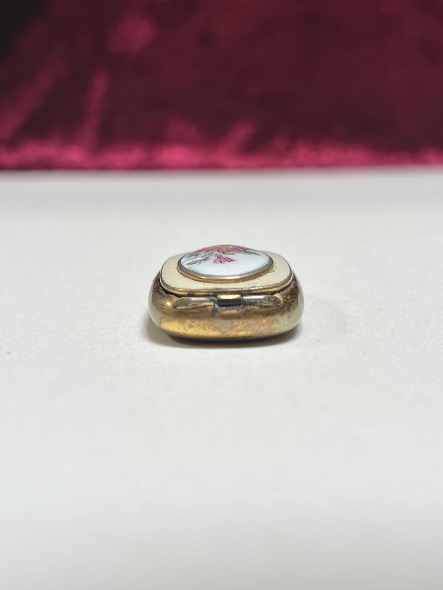 Vintage Trinket Box - Brass Pill Box - Hand Painted Pink Floral Design