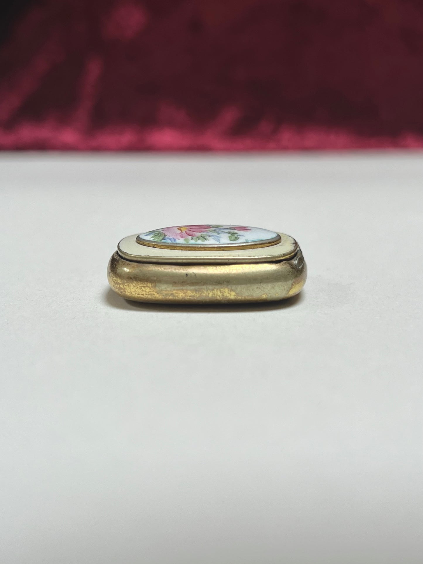 Vintage Trinket Box - Brass Pill Box - Hand Painted Pink Floral Design