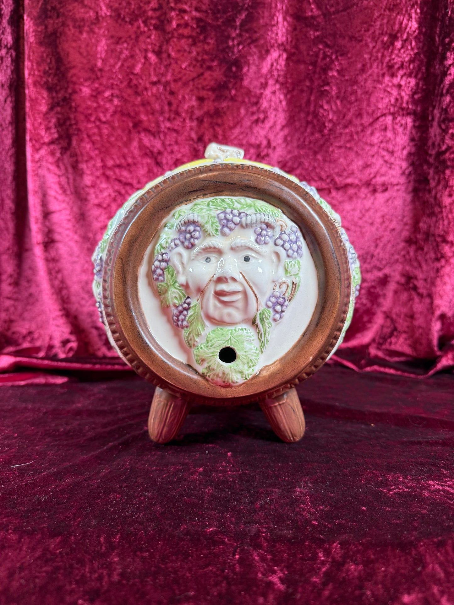 Vintage Pottery - Mid Century Wine Barrel Keg Decanter - Putti, Bacchus, Goat Relief